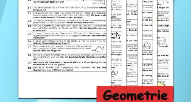 Geometrie Flächenberechnung Dreieck - Kostenlos von Legakulie.info. (TEXTAUFGABEN)| Mathematik 7. Klasse – Kostenlose anspruchsvolle Textaufgaben und Kopiervorlagen zum Thema Flächenberechnung Dreieck auf Legakulie.info | 1. Wie lautet die Formel für den Flächeninhalt eines Dreiecks? | 2. Von einem Dreieck ist die Seite c = 24,6 cm und die dazugehörige Höhe hc = 22,2 cm bekannt. Welchen Flächeninhalt hat das Dreieck? | 3. Welchen Flächeninhalt hat das abgebildete Dreieck mit den Höhen 5,5 cm und 5,2 cm sowie der Grundseite 7,5 cm? | 4. Von einem dreieckigen Spielplatz ist die Grundseite g = 12 m und die dazugehörige Höhe hg = 25 m bekannt. Wie groß ist die Spielplatzfläche? | 5. Von einem Dreieck sind bekannt: A = 21,7 cm² und hc = 6,2 cm. Wie lang ist die Grundseite c? | 6. Bauer Willy hat einen Acker in Form eines gleichschenkligen Dreiecks mit einer Grundlinie von 15,6 m und einer Höhe von 7,2 m. Wie viel Ar hat sein Acker? | 7. Von einem Dreieck ist die Länge c = 9 cm und der Abstand des gegenüberliegenden Punktes C mit 2 cm gegeben. Welchen Flächeninhalt hat das Dreieck? | 8. Ein dreieckiges Segeltuch ist 4,50 m breit und 5,80 m hoch. Wie viel Stoff benötigt man für 2 Segeltücher? | 9. Ein Dreieck hat eine Fläche von A = 36 cm² und a ist 6 cm. Welche Höhe hat das Dreieck? | 10. Welchen Flächeninhalt hat das abgebildete Dreieck mit einer Breite von 4,8 cm und den Seitenlinien von 6,8 cm und 6,6 cm? | 11. Welche Fläche hat ein gleichschenkliges Dreieck, wenn die Grundseite c = 7,8 cm und die Höhe h = 5 cm sind? | 12. Welchen Flächeninhalt hat ein Dreieck mit a = 14 cm und ha = 5 dm? | 13. Wie lang ist die Dreieckseite b, wenn die Höhe hb = 5,2 cm beträgt und der Flächeninhalt A = 20,8 cm² groß ist? | 14. Dirk hat eine dreieckige Fensterscheibe mit einer Grundseite von 2,20 m und einer Höhe von 1,80 m zerbrochen. Der Quadratmeter Glas kostet 22 €. Wie teuer ist die neue Fensterscheibe? | 15. Von einer dreieckigen Figur sind bekannt: b = 12,2 cm; c = 14 cm; hb = 8,4 cm. Welche Höhe hat hc?