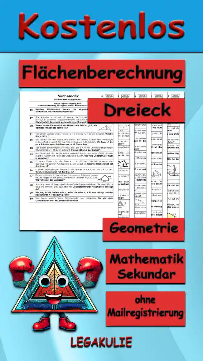 Geometrie Flächenberechnung Dreieck - Kostenlos von Legakulie.info. (TEXTAUFGABEN)| Mathematik 7. Klasse – Kostenlose anspruchsvolle Textaufgaben und Kopiervorlagen zum Thema Flächenberechnung Dreieck auf Legakulie.info | 1. Wie lautet die Formel für den Flächeninhalt eines Dreiecks? | 2. Von einem Dreieck ist die Seite c = 24,6 cm und die dazugehörige Höhe hc = 22,2 cm bekannt. Welchen Flächeninhalt hat das Dreieck? | 3. Welchen Flächeninhalt hat das abgebildete Dreieck mit den Höhen 5,5 cm und 5,2 cm sowie der Grundseite 7,5 cm? | 4. Von einem dreieckigen Spielplatz ist die Grundseite g = 12 m und die dazugehörige Höhe hg = 25 m bekannt. Wie groß ist die Spielplatzfläche? | 5. Von einem Dreieck sind bekannt: A = 21,7 cm² und hc = 6,2 cm. Wie lang ist die Grundseite c? | 6. Bauer Willy hat einen Acker in Form eines gleichschenkligen Dreiecks mit einer Grundlinie von 15,6 m und einer Höhe von 7,2 m. Wie viel Ar hat sein Acker? | 7. Von einem Dreieck ist die Länge c = 9 cm und der Abstand des gegenüberliegenden Punktes C mit 2 cm gegeben. Welchen Flächeninhalt hat das Dreieck? | 8. Ein dreieckiges Segeltuch ist 4,50 m breit und 5,80 m hoch. Wie viel Stoff benötigt man für 2 Segeltücher? | 9. Ein Dreieck hat eine Fläche von A = 36 cm² und a ist 6 cm. Welche Höhe hat das Dreieck? | 10. Welchen Flächeninhalt hat das abgebildete Dreieck mit einer Breite von 4,8 cm und den Seitenlinien von 6,8 cm und 6,6 cm? | 11. Welche Fläche hat ein gleichschenkliges Dreieck, wenn die Grundseite c = 7,8 cm und die Höhe h = 5 cm sind? | 12. Welchen Flächeninhalt hat ein Dreieck mit a = 14 cm und ha = 5 dm? | 13. Wie lang ist die Dreieckseite b, wenn die Höhe hb = 5,2 cm beträgt und der Flächeninhalt A = 20,8 cm² groß ist? | 14. Dirk hat eine dreieckige Fensterscheibe mit einer Grundseite von 2,20 m und einer Höhe von 1,80 m zerbrochen. Der Quadratmeter Glas kostet 22 €. Wie teuer ist die neue Fensterscheibe? | 15. Von einer dreieckigen Figur sind bekannt: b = 12,2 cm; c = 14 cm; hb = 8,4 cm. Welche Höhe hat hc?