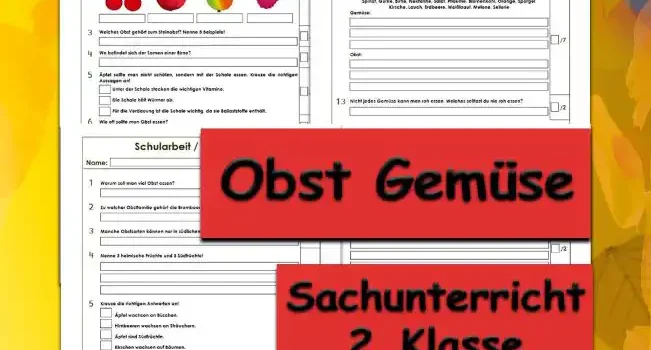 Arbeitsblatt Klassenarbeit Obst Gemüse - Kostenloses Unterrichtsmaterial von Legakulie.info. (KLASSENARBEIT) | Sachunterricht 2. Klasse – Kostenlose Schularbeiten, Lernzielkontrollen und Testbögen (Gruppe A und Gruppe B) zum Thema Obst und Gemüse auf Legakulie.info | Klassenarbeit 1 (Max. 33 Punkte): Lies die Aufgaben sorgfältig durch. Schreibe die Antworten zu den jeweiligen Fragen/Aufgaben. 1. Was passiert, wenn man kein Obst isst? | 2. Wie heißt das abgebildete Obst? | 3. Welches Obst gehört zum Steinobst? Nenne 3 Beispiele! | 4. Wo befindet sich der Samen einer Birne? | 5. Kreuze die richtigen Aussagen an! | 6. Wie oft sollte man Obst essen? | 7. Welches Gemüse wächst bei uns im Garten? Kreuze an! | 8. Aus welchem Gemüse wird Sauerkraut gemacht? | 9. Welchen Teil vom Gemüse kann man essen? | 10. Bevor man Gemüse essen kann, muss man es vorher… | 11. Was ist eine Kulturpflanze? | 12. Ordne Gemüse und Obst richtig zu! | 13. Nicht jedes Gemüse kann man roh essen. Welches solltest du nie roh essen? | Von 33 Punkten hast du Punkte erreicht. Note: | Klassenarbeit 2 (Max. 31 Punkte): Lies die Aufgaben sorgfältig durch. Schreibe die Antworten zu den jeweiligen Fragen/Aufgaben. 1. Warum soll man viel Obst essen? | 2. Zu welcher Obstfamilie gehört die Brombeere? | 3. Manche Obstsorten können nur in südlichen Ländern wachsen. Begründe! | 4. Nenne 3 heimische Früchte und 3 Südfrüchte! | 5. Kreuze die richtigen Antworten an! | 6. Wozu wird Gemüse verwendet? | 7. Welche Gemüsesorten werden für Suppen verwendet? Nenne 5 Beispiele! | 8. Wie viele Portionen Gemüse und Obst solltest du täglich zu dir nehmen? | 9. Bei uns wachsen keine Südfrüchte und dennoch kann man sie bei uns kaufen. Wie kommen diese Früchte zu uns? | 10. Was kannst du mit dem Gartengemüse machen, damit du es auch im Winter essen kannst? | 11. Welches Gemüse soll für die Augen sehr wichtig sein? | 12. Was ist eine Kulturpflanze?