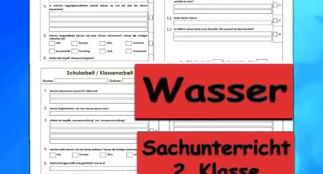 Arbeitsblatt Klassenarbeit Wasser - Kostenloses Unterrichtsmaterial von Legakulie.info. (KLASSENARBEIT) | Sachunterricht 2. Klasse – Kostenlose Schularbeiten, Lernzielkontrollen und Testbögen (Gruppe A und Gruppe B) zum Thema Wasser und seine Aggregatzustände auf Legakulie.info | Klassenarbeit 1: Lies die Aufgaben sorgfältig durch. Schreibe die Antworten zu den jeweiligen Fragen/Aufgaben. 1. Wofür benötigen wir Wasser? Nenne 5 Beispiele! | 2. Bei welcher Temperatur gefriert Wasser? | 3. Bei welcher Temperatur wird Wasser zu Wasserdampf? | 4. In welchem Aggregatzustand kommt Wasser vor und wie wird das Wasser bezeichnet? | 5. Welche Gegenstände können auf dem Wasser schwimmen? Kreuze die richtigen Antworten an! | 6. Erkläre den Begriff „Wasserschutzgebiet“. | 7. Wasser kann auch Schaden anrichten. Wie? | 8. Welchen Nutzen hat das Wasser für die Wirtschaft? | 9. In ein Glas mit Wasser wurde Pfeffer gestreut. Wie bekommt man den Pfeffer wieder aus dem Wasser? | 10. Wie trennt man das Salz vom Wasser? | 11. Du findest eine volle Flasche mit Flüssigkeit. Es steht aber nichts auf der Flasche. Wie verhältst du dich? | 12. Wohin fließen Flüsse? | 13. Du hältst in deiner Hand einen Eiswürfel. Was passiert mit dem Eiswürfel und warum? | Klassenarbeit 2: Lies die Aufgaben sorgfältig durch. Schreibe die Antworten zu den jeweiligen Fragen/Aufgaben. 1. Welche Wasserarten kennst du? Zähle auf! | 2. Nenne Möglichkeiten, wie man Wasser sparen kann! | 3. Erkläre die Begriffe „wasserdurchlässig“ und „wasserundurchlässig“. | 4. Welche Stoffe können sich im Wasser auflösen? Kreuze die richtigen Antworten an! | 5. Welche flüssigen Stoffe sind gefährlich? Nenne 4! | 6. Was passiert, wenn Öl in eine Schüssel mit Wasser gegeben wird? | 7. Wozu braucht die Natur Wasser? | 8. Auch in der Technik wird Wasser verwendet. Wofür? | 9. In ein randvoll gefülltes Glas Wasser wird eine Glasmurmel gegeben. Was passiert? | 10. Was passiert nach 2 Wochen mit einem mit Salzwasser gefüllten Teller, der auf der Fensterbank steht? | 11. Welche Stoffe können sich mit Wasser vermischen? Kreuze die richtigen Antworten an! | 12. Erkläre den Begriff „Wasserschutzgebiet“.