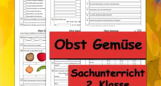 Arbeitsblatt Übungsfragen Obst Gemüse - Kostenloses Unterrichtsmaterial von Legakulie.info. (ÜBUNGSFRAGEN) | Sachunterricht 2. Klasse – Kostenlose strukturierte Vorbereitungsaufgaben, Kopiervorlagen und Übungsfragen zum Thema Obst und Gemüse auf Legakulie.info | Obst und Gemüse Arbeitsblätter: Lies die Aufgaben sorgfältig durch. Schreibe die Antworten zu den jeweiligen Fragen. 1. Wie heißt das abgebildete Obst? | 2. Warum soll man viel Obst essen? | 3. Wie ordnet die Marktfrau ihr Obst am Verkaufsstand? | 4. Was passiert, wenn man kein Obst isst? | 5. Zu welcher Obstfamilie gehört die Birne? | 6. Welches Obst gehört zum Steinobst? Nenne 3 Beispiele! | 7. Zu welcher Obstfamilie gehört die Brombeere? | 8. Wo befindet sich der Samen einer Birne? | 9. Manche Obstsorten können nur in südlichen Ländern wachsen. Begründe! | 10. Welches Obst wächst in südlichen Ländern? Nenne 3 Obstarten! | 11. Kreuze die richtigen Aussagen an! | 12. Nenne 3 heimische Früchte und 3 Südfrüchte! | 13. Wie oft sollte man Obst essen? | 14. Beschrifte die Teile der Birne! | 15. Fülle die Lücken aus! | 16. Wo befindet sich der Erdboden? Zeichne ihn ein. | 17. Was macht das Obst so gesund? | 18. Zu welcher Familie gehören Haselnüsse? | 19. Warum ist die Banane krumm? | 20. Kreuze die richtigen Antworten an! | 21. Wie kann man feststellen, ob in einer Salatsoße Öl ist? | 22. Paprika ist ein Gemüse und sie ist sehr reich an ... | 23. Welches Gemüse knabbern Hasen sehr gerne? | 24. Was sind Schalotten? | 25. Welchen Teil vom Gemüse kann man essen? | 26. Welches Gemüse wächst bei uns im Garten? Kreuze an! | 27. Wozu wird Gemüse verwendet? | 28. Wie heißt das abgebildete Gemüse? | 29. Welche Gemüsesorten werden für Suppen verwendet? Nenne 5 Beispiele! | 30. Bevor man Gemüse essen kann, muss man es vorher... | 31. Welche Teile vom Gemüse kann man essen? | 32. Aus welchem Gemüse wird Sauerkraut gemacht? | 33. Warum soll man viel Gemüse essen? | 34. Es gibt 4 verschiedene Gruppen von Gemüse. Wie heißen die Gruppen? Nenne zu jeder Gruppe 2 Beispiele! | 35. Was ist eine Kulturpflanze? | 36. Welches Gemüse soll für die Augen sehr wichtig sein? | 37. Was kannst du mit dem Gartengemüse machen, damit du es auch im Winter essen kannst? | 38. Ordne Gemüse und Obst richtig zu! | 39. Nicht jedes Gemüse kann man roh essen. Welches solltest du nie roh essen? | 40. Wie viele Portionen Gemüse und Obst solltest du täglich zu dir nehmen? | 41. Bei uns wachsen keine Südfrüchte und dennoch kann man sie bei uns kaufen. Wie kommen diese Früchte zu uns? | 42. Welchen Teil des Gemüses isst man? Kreuze die jeweils richtigen Aussagen an! | 43. Bei welchem Gemüse sind die Blätter glatt wie Wachs? | 44. Welches Gemüse kannst du für eine Suppe verwenden? Kreuze an! | 45. Warum kannst du Gurken nicht lange lagern?