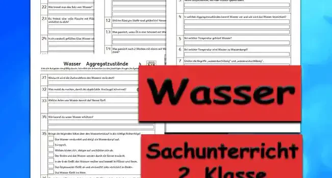 Arbeitsblatt Übungsfragen Wasser - Kostenloses Unterrichtsmaterial von Legakulie.info. (ÜBUNGSFRAGEN) | Sachunterricht 2. Klasse – Kostenlose strukturierte Vorbereitungsaufgaben, Kopiervorlagen und Übungsfragen zum Thema Wasser und seine Aggregatzustände auf Legakulie.info | Wasser Arbeitsblätter: Lies die Aufgaben sorgfältig durch. Schreibe die Antworten zu den jeweiligen Fragen. 1. Wofür benötigen wir Wasser? Nenne 5 Beispiele! | 2. Welche Wasserarten kennst du? Zähle auf! | 3. Nenne Möglichkeiten, wie man Wasser sparen kann! | 4. In welchen Aggregatzuständen kommt Wasser vor und wie wird das Wasser bezeichnet? | 5. Bei welcher Temperatur gefriert Wasser? | 6. Bei welcher Temperatur wird Wasser zu Wasserdampf? | 7. Erkläre die Begriffe „wasserdurchlässig“ und „wasserundurchlässig“. | 8. Welche Gegenstände können auf dem Wasser schwimmen? Kreuze die richtigen Antworten an! | 9. Welche Stoffe können sich im Wasser auflösen? Kreuze die richtigen Antworten an! | 10. Welche Stoffe können sich mit Wasser vermischen? Kreuze die richtigen Antworten an! | 11. Erkläre den Begriff „Wasserschutzgebiet“. | 12. Welche flüssigen Stoffe sind gefährlich? Nenne 4! | 13. Was passiert, wenn Öl in eine Schüssel mit Wasser gegeben wird? | 14. Was passiert nach 2 Wochen mit einem mit Wasser gefüllten Teller, der auf der Fensterbank steht? | 15. In die Sonne wird eine Schale mit Eis gestellt. Was passiert mit dem Eis? | 16. Welchen Nutzen hat das Wasser für die Wirtschaft? | 17. Wozu braucht die Natur Wasser? | 18. Auch in der Technik wird Wasser verwendet. Wofür? | 19. Wasser kann auch Schaden anrichten. Wie? | 20. Was passiert nach 2 Wochen mit einem mit Salzwasser gefüllten Teller, der auf der Fensterbank steht? | 21. In ein Glas mit Wasser wurde Pfeffer gestreut. Wie bekommt man den Pfeffer wieder aus dem Wasser? | 22. Wie trennt man das Salz vom Wasser? | 23. Du findest eine volle Flasche mit Flüssigkeit. Es steht aber nichts auf der Flasche. Wie verhältst du dich? | 24. In ein randvoll gefülltes Glas Wasser wird eine Glasmurmel gegeben. Was passiert? | 25. Wohin fließen Flüsse? | 26. Kann man durch Wasser sehen? | 27. Du hältst in deiner Hand einen Eiswürfel. Was passiert mit dem Eiswürfel und warum? | 28. Du hältst deinen Arm kurz ins Waschbecken und ziehst ihn wieder heraus. Was siehst du an deinem Arm? | 29. Kann Wasser schwimmen? | 30. Wasser kann verdampfen oder verdunsten. Was geht schneller? | 31. Wodurch wird die Zustandsform des Wassers verändert? | 32. Was musst du machen, damit die abgebildete Knetkugel schwimmt? | 33. Welche Arten von Wasser kennst du? Nenne fünf! | 34. Wie kannst du unser Wasser schützen? | 35. Bringe die folgenden Sätze über den Wasserkreislauf in die richtige Reihenfolge! | 36. Gemische aus Wasser und einem anderen Stoff kannst du wieder trennen. Verbinde die richtigen Möglichkeiten! | 37. Nenne ein Trennverfahren, wie ein Stoff vom Wasser getrennt wird, und erkläre es!