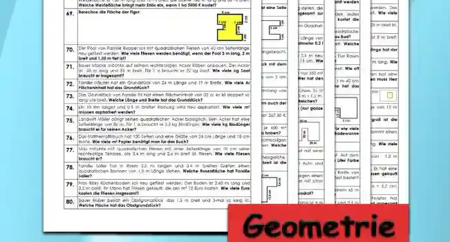 Geometrie Flächenberechnung Quadrat Rechteck - Kostenlos von Legakulie.info. (TEXTAUFGABEN)| Mathematik 5. Klasse – Kostenlose anspruchsvolle Textaufgaben und Kopiervorlagen zum Thema Flächenberechnung Quadrat Rechteck auf Legakulie.info | 16. Das Wohnzimmer von Familie Geiger bekommt einen Laminatboden. Es hat eine Länge von 5,5 m und eine Breite von 4 m. Wie viel m² Laminat müssen gekauft werden, wenn 1 m² für Verschnitt berechnet wird? | 17. Berechne den Flächeninhalt eines Rechtecks mit den Seitenlängen a = 2,2 cm; b = 5,5 cm. | 18. In der Sporthalle werden 35 Fenster neu eingesetzt. Jedes Fenster hat 8 quadratische Scheiben von 5 dm Seitenlänge. Wie viel m² Glas sind insgesamt notwendig? | 19. Um den rechteckigen Paradeplatz, der 8 m lang und 6 m breit ist, soll ein 1 m breiter Teppich gelegt werden. Wie viel m² Teppich werden dafür benötigt? | 20. Der Umfang eines Quadrats ist 30 cm. Welche Fläche hat das Quadrat? | 21. Sabines Zimmer ist 4 m lang und 3 m breit und die Decke soll neu gestrichen werden. Was kostet der Anstrich der Decke, wenn für 1m² Farbe 6 € bezahlt werden soll? | 22. Im Kindergarten müssen sechs rechteckige Fenster neu verglast werden. Jedes Fenster ist 1,60 m lang und 1,40 m breit. Ein m² kostet 42 €. Was kostet die Verglasung? | 23. Bei Familie Maier wird das Bad neu gefliest. Der Fliesenleger hat 120 quadratische Fliesen mit einer Seitenlänge von 20 cm bestellt. Welche m²-Fläche hat das Bad? | 24. Bauer Braun pflügt seinen Acker. Dieser ist 12,5 m lang und 8,2 m breit. Welche Fläche muss er umpflügen? | 25. Der Hausmeister soll den quadratischen Rasen hinter dem Haus mähen. Der Rasen hat eine Seitenlänge von 4,5 m. Wie viele Quadratmeter muss er mähen? | 26. Herr Bolle möchte seinen Rasen düngen. Dieser ist 4 m lang und 6,3 m breit. Wie oft kann er die Fläche düngen, wenn ein Sack Dünger für 90 m² reicht? | 27. Opa Hans baut für seine Enkelkinder ein Kletterhaus. Das Kletterhaus ist 1 m 40 cm breit, die Länge ist doppelt so groß wie die Breite. Welche Fläche hat das Kletterhaus? | 28. Berechne die Fläche der abgebildeten, stufenförmigen Figur mit den Teilmaßen 2,5 cm, 2,5 cm und 3 cm. | 29. Das rechteckige Bad der Familie Bühl ist 3,40 m lang und 2,60 m breit. Für wie viele Quadratmeter müssen Fußbodenfliesen gekauft werden, wenn für die Badewanne und die Dusche 2,5 m² abzurechnen sind? | 30. Welche Fläche hat ein Quadrat mit einem 16 dm 2 cm langen Umfang?
