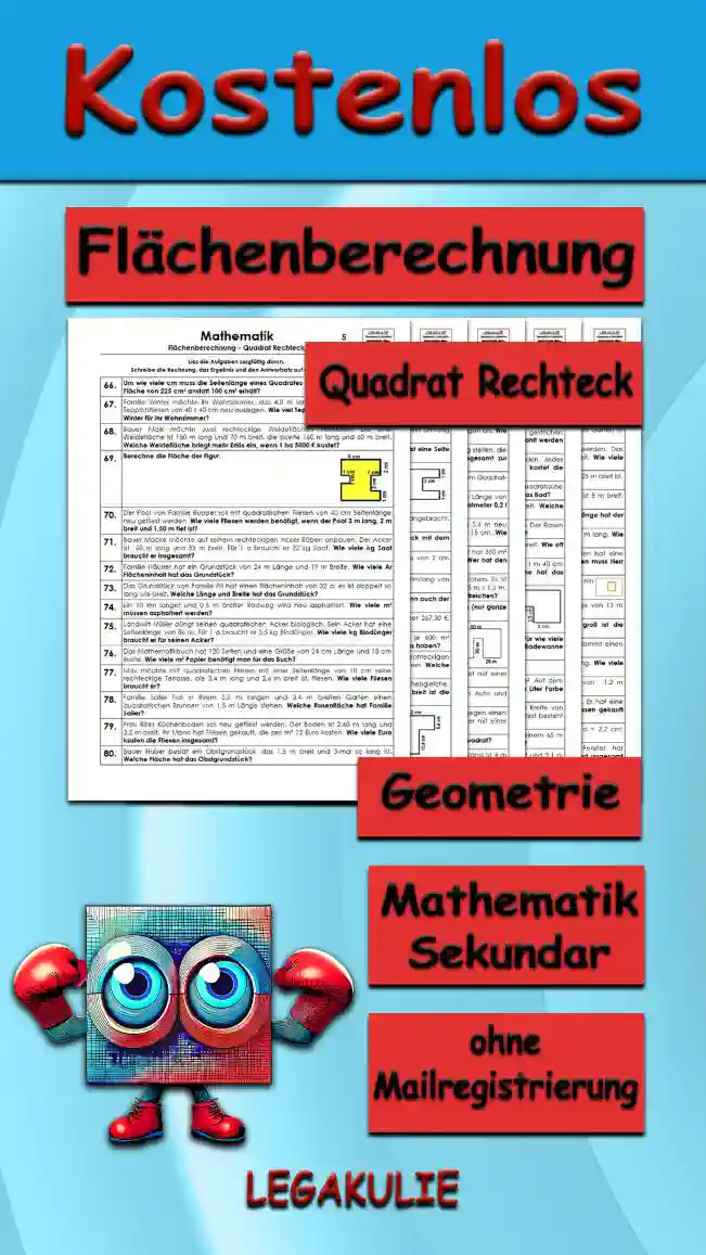 Geometrie Flächenberechnung Quadrat Rechteck - Kostenlos von Legakulie.info. (TEXTAUFGABEN)| Mathematik 5. Klasse – Kostenlose anspruchsvolle Textaufgaben und Kopiervorlagen zum Thema Flächenberechnung Quadrat Rechteck auf Legakulie.info | 16. Das Wohnzimmer von Familie Geiger bekommt einen Laminatboden. Es hat eine Länge von 5,5 m und eine Breite von 4 m. Wie viel m² Laminat müssen gekauft werden, wenn 1 m² für Verschnitt berechnet wird? | 17. Berechne den Flächeninhalt eines Rechtecks mit den Seitenlängen a = 2,2 cm; b = 5,5 cm. | 18. In der Sporthalle werden 35 Fenster neu eingesetzt. Jedes Fenster hat 8 quadratische Scheiben von 5 dm Seitenlänge. Wie viel m² Glas sind insgesamt notwendig? | 19. Um den rechteckigen Paradeplatz, der 8 m lang und 6 m breit ist, soll ein 1 m breiter Teppich gelegt werden. Wie viel m² Teppich werden dafür benötigt? | 20. Der Umfang eines Quadrats ist 30 cm. Welche Fläche hat das Quadrat? | 21. Sabines Zimmer ist 4 m lang und 3 m breit und die Decke soll neu gestrichen werden. Was kostet der Anstrich der Decke, wenn für 1m² Farbe 6 € bezahlt werden soll? | 22. Im Kindergarten müssen sechs rechteckige Fenster neu verglast werden. Jedes Fenster ist 1,60 m lang und 1,40 m breit. Ein m² kostet 42 €. Was kostet die Verglasung? | 23. Bei Familie Maier wird das Bad neu gefliest. Der Fliesenleger hat 120 quadratische Fliesen mit einer Seitenlänge von 20 cm bestellt. Welche m²-Fläche hat das Bad? | 24. Bauer Braun pflügt seinen Acker. Dieser ist 12,5 m lang und 8,2 m breit. Welche Fläche muss er umpflügen? | 25. Der Hausmeister soll den quadratischen Rasen hinter dem Haus mähen. Der Rasen hat eine Seitenlänge von 4,5 m. Wie viele Quadratmeter muss er mähen? | 26. Herr Bolle möchte seinen Rasen düngen. Dieser ist 4 m lang und 6,3 m breit. Wie oft kann er die Fläche düngen, wenn ein Sack Dünger für 90 m² reicht? | 27. Opa Hans baut für seine Enkelkinder ein Kletterhaus. Das Kletterhaus ist 1 m 40 cm breit, die Länge ist doppelt so groß wie die Breite. Welche Fläche hat das Kletterhaus? | 28. Berechne die Fläche der abgebildeten, stufenförmigen Figur mit den Teilmaßen 2,5 cm, 2,5 cm und 3 cm. | 29. Das rechteckige Bad der Familie Bühl ist 3,40 m lang und 2,60 m breit. Für wie viele Quadratmeter müssen Fußbodenfliesen gekauft werden, wenn für die Badewanne und die Dusche 2,5 m² abzurechnen sind? | 30. Welche Fläche hat ein Quadrat mit einem 16 dm 2 cm langen Umfang?