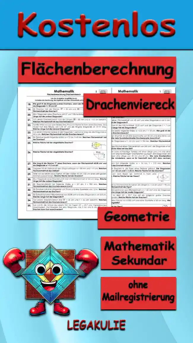 Geometrie Flächenberechnung Drachenviereck - Kostenlos von Legakulie.info. (TEXTAUFGABEN)| Mathematik 7. Klasse – Kostenlose anspruchsvolle Textaufgaben und Kopiervorlagen zum Thema Flächenberechnung Drachenviereck auf Legakulie.info | 1. Wie lautet die Formel für die Flächenberechnung der Figur? | 2. Ein Drachen hat eine Längsleiste von 1,5 m und eine Querleiste von 80 cm. Welchen Flächeninhalt hat der Drachen? | 3. Ein Drachen hat einen Flächeninhalt von 42 cm² und eine Diagonale e von 6 cm. Welche Länge hat die Diagonale f? | 4. Von einem Drachen ist der Flächeninhalt 12,25 cm² und die Diagonale f = 7 cm bekannt. Welche Länge hat die Diagonale e? | 5. Ein Drachenviereck besitzt folgende Maße: e = 8,5 cm, f = 18 cm. Wie groß ist der Flächeninhalt des Drachenvierecks? | 6. Dirk baut sich einen Drachen. Er soll eine Spannweite von 50 cm und eine Höhe von 80 cm besitzen. Wie viele Quadratzentimeter Drachenpapier braucht er? | 7. Ein Deltoid hat die Diagonalen e = 4,8 cm und f = 98 mm. Welchen Flächeninhalt hat das Deltoid? | 8. Ein drachenförmiges Bild hat einen Flächeninhalt von 240 cm², die Diagonale e hat 15 cm Länge. Welche Höhe hat das Bild? | 9. Herr Peter möchte seine rechteckige Terrasse mit einer Länge von 4 m und einer Breite von 2,5 m mit drachenförmigen Granitplatten auslegen. Die Diagonalen der Granitplatten haben eine Länge von 55 cm und 30 cm. Wie viele Granitplatten benötigt Herr Peter mindestens, wenn er für Verschnitt noch 25% dazu rechnen muss? | 10. Ein Drachenviereck hat folgende Maße: e = 14 cm, f = 110 mm. Welchen Flächeninhalt hat das Drachenviereck? | 11. Sabine hat einen Drachen in der Form eines Deltoids gebaut. Die Diagonalen haben die Maße: e = 65 cm und f = 1,25 m. Welche Fläche hat der Drachen? | 12. Im Park steht auf dem Rasen ein Denkmal in Form eines Drachenvierecks. Welche Fläche hat das Denkmal? | 13. Die Diagonalen eines Drachenvierecks haben die Längen e = 6,4 dm und f = 98 cm. Wie groß ist der Flächeninhalt der Figur? | 14. Von einem Deltoid kennt man den Flächeninhalt A = 1,55 cm² und die Diagonale e = 15,5 cm. Welche Länge hat die zweite Diagonale? | 15. Aus einem DIN A4 Blatt (21 x 29,7 cm) soll ein möglichst großer Drachen ausgeschnitten werden. Welche Fläche hat der Drachen?