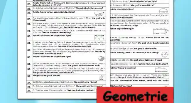 Geometrie Flächenberechnung Kreis - Kostenlos von Legakulie.info. (TEXTAUFGABEN)| Mathematik 8. Klasse – Kostenlose anspruchsvolle Textaufgaben und Kopiervorlagen zum Thema Flächenberechnung Kreis auf Legakulie.info | 1. Wie lautet die Formel für die Flächenberechnung eines Kreises? | 2. Welche Fläche hat ein Kreis mit einem Durchmesser von 5 cm? | 3. Welche Fläche hat ein Kreis mit einem Radius von 9 cm? | 4. Ein Kreis hat eine Fläche von 125 cm². Welchen Durchmesser hat der Kreis? | 5. Ein Kreis hat eine Fläche von 50 cm². Welchen Radius hat der Kreis? | 6. Ein Kreis hat einen Radius von 12,5 cm. Wie groß ist seine Fläche? | 7. Welche Fläche hat die abgebildete Figur aus einem Halbkreis mit einem Durchmesser von 12 cm? | 8. Eine Pizza wird in 6 Stücke aufgeteilt. Der Durchmesser der Pizza beträgt 26 cm. Wie groß ist die Fläche eines Pizzastücks? | 9. Fr. Lustig möchte ihr kreisrundes Blumenbeet mit einem Durchmesser von 3,5 m mit neuen Blumen bepflanzen. Pro Quadratmeter sollen 15 Pflanzen gepflanzt werden. Wie viele Blumen braucht Frau Lustig? | 10. Welche Fläche hat die abgebildete Figur aus einem Rechteck der Länge 6 cm und three aufgesetzten Halbkreisen? | 11. Die Seitenlänge eines Quadrates beträgt 10 cm. Welche Fläche hat der Innenkreis des Quadrates? | 12. Der Teich im Park hat eine Fläche von 25 m². Wie groß ist der Durchmesser des Teiches? | 13. Der Umfang eines Kreises beträgt 350 dm. Wie groß ist seine Fläche? | 14. Welche Fläche hat der Kreisring, wenn r1 = 6 cm und r2 = 4 cm beträgt? | 15. Ein Kreis hat eine Fläche von 200 cm². Wie groß ist der Radius des Kreises?