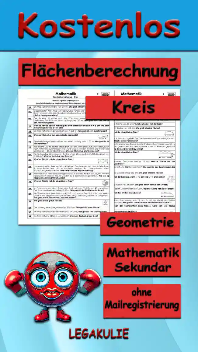Geometrie Flächenberechnung Kreis - Kostenlos von Legakulie.info. (TEXTAUFGABEN)| Mathematik 8. Klasse – Kostenlose anspruchsvolle Textaufgaben und Kopiervorlagen zum Thema Flächenberechnung Kreis auf Legakulie.info | 1. Wie lautet die Formel für die Flächenberechnung eines Kreises? | 2. Welche Fläche hat ein Kreis mit einem Durchmesser von 5 cm? | 3. Welche Fläche hat ein Kreis mit einem Radius von 9 cm? | 4. Ein Kreis hat eine Fläche von 125 cm². Welchen Durchmesser hat der Kreis? | 5. Ein Kreis hat eine Fläche von 50 cm². Welchen Radius hat der Kreis? | 6. Ein Kreis hat einen Radius von 12,5 cm. Wie groß ist seine Fläche? | 7. Welche Fläche hat die abgebildete Figur aus einem Halbkreis mit einem Durchmesser von 12 cm? | 8. Eine Pizza wird in 6 Stücke aufgeteilt. Der Durchmesser der Pizza beträgt 26 cm. Wie groß ist die Fläche eines Pizzastücks? | 9. Fr. Lustig möchte ihr kreisrundes Blumenbeet mit einem Durchmesser von 3,5 m mit neuen Blumen bepflanzen. Pro Quadratmeter sollen 15 Pflanzen gepflanzt werden. Wie viele Blumen braucht Frau Lustig? | 10. Welche Fläche hat die abgebildete Figur aus einem Rechteck der Länge 6 cm und three aufgesetzten Halbkreisen? | 11. Die Seitenlänge eines Quadrates beträgt 10 cm. Welche Fläche hat der Innenkreis des Quadrates? | 12. Der Teich im Park hat eine Fläche von 25 m². Wie groß ist der Durchmesser des Teiches? | 13. Der Umfang eines Kreises beträgt 350 dm. Wie groß ist seine Fläche? | 14. Welche Fläche hat der Kreisring, wenn r1 = 6 cm und r2 = 4 cm beträgt? | 15. Ein Kreis hat eine Fläche von 200 cm². Wie groß ist der Radius des Kreises?
