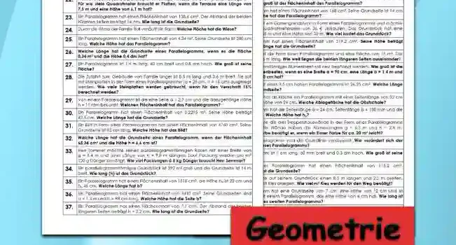Geometrie Flächenberechnung Parallelogramm - Kostenlos von Legakulie.info. (TEXTAUFGABEN)| Mathematik 7. Klasse – Kostenlose anspruchsvolle Textaufgaben und Kopiervorlagen zum Thema Flächenberechnung Parallelogramm auf Legakulie.info | 1. Wie lautet die Formel für die Flächenberechnung der Figur? | 2. Von einem Parallelogramm sind die Seitenlängen: a = 21 cm, b = 16 cm sowie ha = 11 cm bekannt. Wie groß ist der Flächeninhalt des Parallelogramms? | 3. Ein Parallelogramm hat folgende Längen: a = 7 cm, ha = 6 cm. Welchen Flächeninhalt hat das Parallelogramm? | 4. Ein Parallelogramm hat folgende Seitenlängen: a = 12 cm, b = 8 cm sowie ha = 70 mm. Wie groß ist der Flächeninhalt des Parallelogramms? | 5. Ein Parallelogramm hat einen Flächeninhalt von 168 cm². Seine Grundseite ist 14 cm lang. Welche Höhe hat das Parallelogramm? | 6. Familie Maier hat ein Gartengrundstück in Form eines Parallelogramms und möchte dies für einen Quadratmeterpreis von 36 € verkaufen. Das Grundstück hat eine Grundseite von 55 m und eine Höhe von 30 m. Wie viel kostet das Grundstück? | 7. Ein Parallelogramm hat einen Flächeninhalt von 319,2 cm². Seine Höhe beträgt 14 cm. Welche Länge hat die Grundseite? | 8. Ein Vorgarten hat die Form eines Parallelogramms und eine Fläche von 15 m². Die längere Seite ist 6 m lang. Wie weit liegen die beiden längeren Seiten auseinander? | 9. Ein parallelogrammförmiges Blumenbeet soll neu bepflanzt werden. Wie groß ist die Fläche des Blumenbeetes, wenn es eine Breite a = 90 cm, eine Länge b = 1,4 m und eine Höhe ha = 60 cm hat? | 10. Der Flächeninhalt eines 3,5 cm hohen Parallelogramms ist 26,25 cm². Welche Länge hat dann die Grundseite? | 11. Eine Obstschale hat als Fläche ein Parallelogramm mit einer Seitenlänge von 32 cm und einer Seitenhöhe von 24 cm. Welche Ablagefläche hat die Obstschale? | 12. Ein Parallelogramm hat die Seitenlänge a = 24 cm, Seitenlänge b = 180 mm und die Höhe hb = 28 cm. Welche Höhe hat ha? | 13. Herr Geier möchte die three Treppenhauswände in der Form eines Parallelogramms neu streichen. Die Wände haben die Abmessungen g = 6,2 m und h = 2,4 m. Wie viel Eimer Farbe benötigt er, wenn ein Eimer Farbe für ca. 20 m² reicht? | 14. Bei einem Parallelogramm wird die Grundlinie verdoppelt. Wie verändert sich der Flächeninhalt dieses Parallelogramms? | 15. Ein Parallelogramm ist 9 cm lang, 60 mm breit und 0,3 dm hoch. Wie groß ist seine Fläche?