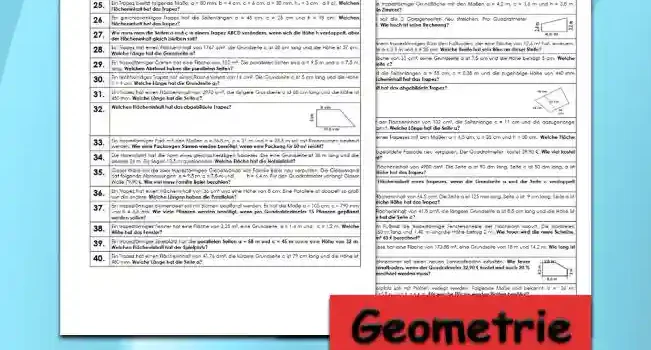 Geometrie Flächenberechnung Trapez - Kostenlos von Legakulie.info. (TEXTAUFGABEN)| Mathematik 7. Klasse – Kostenlose anspruchsvolle Textaufgaben und Kopiervorlagen zum Thema Flächenberechnung Trapez auf Legakulie.info | 1. Wie lautet die Formel für die Flächenberechnung der Figur? | 2. Ein Trapez besitzt folgende Seitenlängen: a = 9 cm, c = 6 cm, h = 5 cm. Welchen Flächeninhalt hat das Trapez? | 3. Das abgebildete Fenster soll neu verglast werden. Wie viele Quadratmeter Glas sind nötig bei den parallelen Grundseiten von 2,5 m und 1 m sowie einer Höhe von 1,4 m? | 4. Toms Zimmer hat eine trapezförmige Grundfläche mit den Maßen a = 4,2 m, c = 3,5 m und h = 3,8 m. Welche Fläche hat sein Zimmer? | 5. Malermeister Pinsel soll die 2 Garagenseiten neu streichen. Pro Quadratmeter verlangt er 25,90 €. Wie hoch ist seine Rechnung bei einer Grundseite von 4,5 m und den Höhen von 2,4 m und 3,2 m? | 6. Herr Gipser muss in seinem trapezförmigen Büro den Fußboden, der eine Fläche von 12,6 m² hat, erneuern. Sein Büro hat die Maße a = 3,8 m und c = 25 dm. Welche Breite hat sein Büro an dieser Stelle? | 7. Ein Trapez hat eine Fläche von 35 cm², seine Grundseite a ist 7,5 cm und die Höhe beträgt 5 cm. Welche Länge hat die Grundseite c? | 8. Bei einem Trapez sind die Seitenlängen a = 55 cm, c = 0,38 m und die zugehörige Höhe von 440 mm bekannt. Welchen Flächeninhalt hat das Trapez? | 9. Welchen Flächeninhalt hat das abgebildete Trapez mit den Kantenlängen 18 cm, 16 cm, 14 cm und einer Diagonalen von 12 cm? | 10. Von einem Trapez ist der Flächeninhalt von 132 cm², die Seitenlänge c = 11 cm und die dazugehörige Höhe von 80 mm bekannt. Welche Länge hat die Seite a? | 11. Ein Bild hat die Form eines Trapezes mit den Maßen a = 4,5 dm, c = 35 cm und h = 50 cm. Welche Fläche hat das Bild? | 12. Gipser Willy soll die abgebildete Fassade neu vergipsen. Der Quadratmeter kostet 59,90 €. Wie viel kostet die Fassade insgesamt? | 13. Ein Trapez hat einen Flächeninhalt von 4900 dm². Die Seite a ist 90 dm lang, Seite c ist 50 dm lang, a ist parallel zu c. Welche Höhe hat das Trapez? | 14. Wie ändert sich der Flächeninhalt eines Trapezes, wenn die Grundseite a und die Seite c verdoppelt werden? | 15. Ein Trapez hat einen Flächeninhalt von 64,5 cm². Die Seite a ist 125 mm lang, Seite c ist 9 cm lang. Seite a ist parallel zur Seite c. Welche Höhe hat das Trapez?