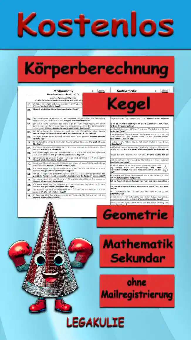 Geometrie Körperberechnung Kegel - Kostenlos von Legakulie.info. (TEXTAUFGABEN)| Mathematik 9. Klasse – Kostenlose anspruchsvolle Textaufgaben und Kopiervorlagen zum Thema Körperberechnung Kegel auf Legakulie.info | 1. Wie lautet die Formel für die Oberflächenberechnung eines Kegels? | 2. Wie lautet die Formel für die Volumenberechnung eines Kegels? | 3. Ein Kegel hat einen Radius von 6 cm und eine Mantellinie s von 8,8 cm. Wie groß ist die Oberfläche des Kegels? | 4. Ein 15 cm hoher Kegel hat einen Durchmesser von 11 cm. Wie groß ist das Volumen des Kegels? | 5. Wie viele kg wiegt ein 35 cm hoher Eisenkegel mit einem Durchmesser von 18 cm, wenn die Dichte für Eisen 7,7 g/cm³ beträgt? | 6. Ein Kegel hat eine Mantelfläche von 157,5 cm² und eine Mantellinie s = 8,8 cm. Wie groß ist der Radius des Kegels? | 7. Ein 20 cm hoher, kegelförmiger Trog mit einem Durchmesser von 20 cm wird mit Wasser gefüllt. Das Wasser soll zum oberen Rand 2,5 cm Abstand haben. Wie viele Liter Wasser befinden sich im Trog? | 8. Die Grundfläche eines 9 cm hohen Kegels hat einen Radius r von 4 cm. Wie groß ist seine Oberfläche? | 9. Ein Haufen aus Sand hat die Form eines geraden Kegels. Der Haufen ist 48 cm hoch, die Mantellinie beträgt 65 cm. Aus wie vielen Kubikdezimetern Sand besteht der Haufen? | 10. Ein 9 cm hoher Kegel hat ein Volumen von 154 cm³. Welchen Radius hat die Grundfläche? | 11. Von einem Kegel ist die Höhe h = 16 cm und die Mantellinie s = 18 cm bekannt. Wie groß ist die Oberfläche des Kegels? | 12. Das Kinder-Tipi-Zelt soll mit einem neuen Tuch bespannt werden. Wie viele Quadratmeter Tuch werden benötigt, wenn das Tipi 2,5 m hoch ist und der Radius 1,5 m beträgt? | 13. Ein kegelförmiges Saftglas mit einem Durchmesser von 6 cm ist mit 0,2 l Saft gefüllt. Wie hoch ist das Saftglas (ohne Fußgestell)? | 14. Welche Höhe h hat un ein Kegel mit einem Radius r von 9 cm und einer Mantellinie s von 32 cm? | 15. Welche Oberfläche hat ein Kegel mit einem Durchmesser von 49 cm und einer Mantellinie s von 32 cm?