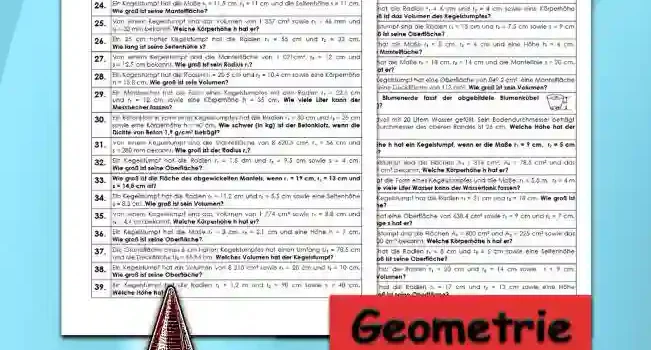 Geometrie Körperberechnung Kegelstumpf - Kostenlos von Legakulie.info. (TEXTAUFGABEN)| Mathematik 10. Klasse – Kostenlose anspruchsvolle Textaufgaben und Kopiervorlagen zum Thema Körperberechnung Kegelstumpf auf Legakulie.info | 1. Wie lautet die Formel für die Mantelberechnung eines Kegelstumpfes? | 2. Wie lautet die Formel für die Oberflächenberechnung eines Kegelstumpfes? | 3. Wie lautet die Formel für die Volumenberechnung eines Kegelstumpfes? | 4. Ein Kegelstumpf hat die Radien r1 = 6 cm und r2 = 4 cm sowie eine Körperhöhe h = 8 cm. Wie groß ist das Volumen des Kegelstumpfes? | 5. Von einem Kegelstumpf sind die Radien r1 = 15 cm und r2 = 7,5 cm sowie s = 9 cm bekannt. Wie groß ist seine Oberfläche? | 6. Ein Kegelstumpf hat die Maße r1 = 8 cm, r2 = 6 cm und eine Höhe h = 4 cm. Wie groß ist seine Mantelfläche? | 7. Ein Kegelstumpf hat die Maße r1 = 18 cm, r2 = 14 cm und die Mantellinie s = 20 cm. Welche Höhe h hat er? | 8. Ein 12 cm hoher Kegelstumpf hat eine Oberfläche von 849,2 cm², eine Mantelfläche von 535 cm² und eine Deckfläche von 113 cm². Wie groß ist sein Volumen? | 9. Wie viele Liter Blumenerde fasst der abgebildete Blumenkübel mit einem oberen Radius von 55 cm, einem unteren Radius von 45 cm und einer Höhe von 60 cm? | 10. Ein Eimer ist randvoll mit 20 Litern Wasser gefüllt. Sein Bodendurchmesser beträgt 21 cm und der Durchmesser des oberen Randes ist 26 cm. Welche Höhe hat der Eimer? | 11. Welche Körperhöhe h hat ein Kegelstumpf, wenn er die Maße r1 = 9 cm, r2 = 5 cm und s = 8 cm hat? | 12. Von einem Kegelstumpf sind die Flächen A1 = 314 cm², A2 = 78,5 cm² und das Volumen 2 748,89 cm³ bekannt. Welche Körperhöhe h hat er? | 13. Ein Wassertank hat die Form eines Kegelstumpfes und die Maße: r1 = 5,5 m, r2 = 4 m und h = 12 m. Wie viele Liter Wasser kann der Wassertank fassen? | 14. Ein 14 cm hoher Kegelstumpf hat die Radien r1 = 21 cm und r2 = 18 cm. Wie groß ist seine Mantelfläche? | 15. Ein Kegelstumpf hat eine Oberfläche von 638,4 cm² sowie r1 = 9 cm and r2 = 7 cm. Welche Seitenlänge s hat er?