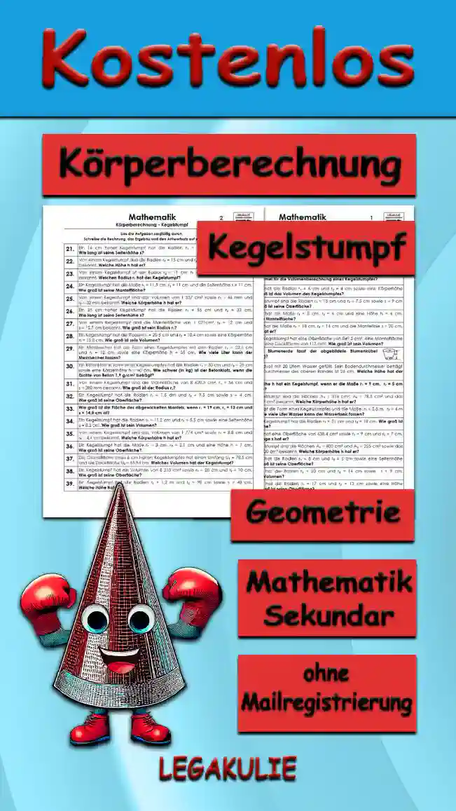 Geometrie Körperberechnung Kegelstumpf - Kostenlos von Legakulie.info. (TEXTAUFGABEN)| Mathematik 10. Klasse – Kostenlose anspruchsvolle Textaufgaben und Kopiervorlagen zum Thema Körperberechnung Kegelstumpf auf Legakulie.info | 1. Wie lautet die Formel für die Mantelberechnung eines Kegelstumpfes? | 2. Wie lautet die Formel für die Oberflächenberechnung eines Kegelstumpfes? | 3. Wie lautet die Formel für die Volumenberechnung eines Kegelstumpfes? | 4. Ein Kegelstumpf hat die Radien r1 = 6 cm und r2 = 4 cm sowie eine Körperhöhe h = 8 cm. Wie groß ist das Volumen des Kegelstumpfes? | 5. Von einem Kegelstumpf sind die Radien r1 = 15 cm und r2 = 7,5 cm sowie s = 9 cm bekannt. Wie groß ist seine Oberfläche? | 6. Ein Kegelstumpf hat die Maße r1 = 8 cm, r2 = 6 cm und eine Höhe h = 4 cm. Wie groß ist seine Mantelfläche? | 7. Ein Kegelstumpf hat die Maße r1 = 18 cm, r2 = 14 cm und die Mantellinie s = 20 cm. Welche Höhe h hat er? | 8. Ein 12 cm hoher Kegelstumpf hat eine Oberfläche von 849,2 cm², eine Mantelfläche von 535 cm² und eine Deckfläche von 113 cm². Wie groß ist sein Volumen? | 9. Wie viele Liter Blumenerde fasst der abgebildete Blumenkübel mit einem oberen Radius von 55 cm, einem unteren Radius von 45 cm und einer Höhe von 60 cm? | 10. Ein Eimer ist randvoll mit 20 Litern Wasser gefüllt. Sein Bodendurchmesser beträgt 21 cm und der Durchmesser des oberen Randes ist 26 cm. Welche Höhe hat der Eimer? | 11. Welche Körperhöhe h hat ein Kegelstumpf, wenn er die Maße r1 = 9 cm, r2 = 5 cm und s = 8 cm hat? | 12. Von einem Kegelstumpf sind die Flächen A1 = 314 cm², A2 = 78,5 cm² und das Volumen 2 748,89 cm³ bekannt. Welche Körperhöhe h hat er? | 13. Ein Wassertank hat die Form eines Kegelstumpfes und die Maße: r1 = 5,5 m, r2 = 4 m und h = 12 m. Wie viele Liter Wasser kann der Wassertank fassen? | 14. Ein 14 cm hoher Kegelstumpf hat die Radien r1 = 21 cm und r2 = 18 cm. Wie groß ist seine Mantelfläche? | 15. Ein Kegelstumpf hat eine Oberfläche von 638,4 cm² sowie r1 = 9 cm and r2 = 7 cm. Welche Seitenlänge s hat er?