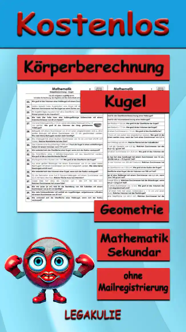 Geometrie Körperberechnung Kugel - Kostenlos von Legakulie.info. (TEXTAUFGABEN)| Mathematik 9. Klasse – Kostenlose anspruchsvolle Textaufgaben und Kopiervorlagen zum Thema Körperberechnung Kugel auf Legakulie.info | 1. Wie lautet die Formel für die Oberflächenberechnung einer Kugel? | 2. Wie lautet die Formel für die Volumenberechnung einer Kugel? | 3. Wie lautet die Formel für die Mantelberechnung einer Halbkugel? | 4. Wie lautet die Formel für die Oberflächenberechnung einer Halbkugel? | 5. Wie lautet die Formel für die Volumenberechnung einer Halbkugel? | 6. Eine Kugel hat einen Radius r = 2,5 cm. Wie groß ist die Oberfläche der Kugel? | 7. Eine Kugel hat einen Radius r = 7,7 cm. Wie groß ist das Volumen der Kugel? | 8. Eine Halbkugel hat einen Durchmesser d = 14 cm. Wie groß ist ihre Mantelfläche? | 9. Ein kugelförmiger Tank soll von außen neu angestrichen werden. Wie groß ist die Fläche, die gestrichen werden muss, wenn der Tank einen Durchmesser von 5,5 m hat? | 10. Ein Fußball hat einen Umfang von 68 cm. Welche Fläche hat die Fußballhülle? | 11. Eine Betonkugel hat ein Gewicht von 6,8 kg. Welchen Durchmesser hat die Betonkugel, wenn die Dichte ρ = 2,1 g/cm³ ist? | 12. Eine Halbkugel hat einen Durchmesser d = 22,4 cm. Wie groß ist das Volumen der Halbkugel? | 13. Welche Masse (in kg) hat eine Goldkugel mit einem Durchmesser von 12 cm, wenn Gold eine Dichte von ρ = 19,3 g/cm³ hat? | 14. Von einer Kugel ist das Volumen von 333 dm³ bekannt. Welchen Durchmesser hat die Kugel? | 15. Eine Kugel hat eine Oberfläche von 1 225 cm². Wie groß ist der Radius der Kugel?