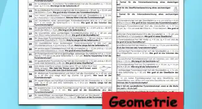 Geometrie Körperberechnung Pyramidenstumpf - Kostenlos von Legakulie.info. (TEXTAUFGABEN)| Mathematik 10. Klasse – Kostenlose anspruchsvolle Textaufgaben und Kopiervorlagen zum Thema Körperberechnung Pyramidenstumpf auf Legakulie.info | 1. Wie lautet die Formel für die Oberflächenberechnung eines quadratischen Pyramidenstumpfes? | 2. Wie lautet die Formel für die Volumenberechnung eines quadratischen Pyramidenstumpfes? | 3. Wie lautet die Formel für die Oberflächenberechnung eines dreieckigen Pyramidenstumpfes? | 4. Wie lautet die Formel für die Volumenberechnung eines dreieckigen Pyramidenstumpfes? | 5. Wie lautet die Formel für die Oberflächenberechnung eines sechseckigen Pyramidenstumpfes? | 6. Wie lautet die Formel für die Volumenberechnung eines sechseckigen Pyramidenstumpfes? | 7. Ein quadratischer Pyramidenstumpf hat die Grundseiten a1 = 6 cm und a2 = 4 cm sowie eine Körperhöhe h = 8 cm. Wie groß ist das Volumen des Pyramidenstumpfes? | 8. Von einem rechteckigen Pyramidenstumpf sind die Grundseiten a1 = 5 cm, b1 = 7 cm, a2 = 2,5 cm, b2 = 3,5 cm und die Höhe hs = 9 cm bekannt. Wie groß ist seine Oberfläche? | 9. Von einem quadratischen Pyramidenstumpf sind die Grundseiten a1 = 15 cm und a2 = 7,5 cm sowie die Höhe hs = 9 cm bekannt. Wie groß ist seine Oberfläche? | 10. Ein quadratischer Pyramidenstumpf hat die Maße a1 = 8 cm, a2 = 6 cm and die Höhe h = 4 cm. Wie groß ist seine Mantelfläche? | 11. Ein dreieckiger Pyramidenstumpf hat die Maße a1 = 12 cm, a2 = 9 cm und die Höhe h = 6 cm. Wie groß ist das Volumen des Pyramidenstumpfes? | 12. Ein regelmäßiger, sechseckiger Pyramidenstumpf hat die Grundseiten a1 = 14 cm, a2 = 8 cm und eine Körperhöhe von h = 12 cm. Wie groß ist das Volumen des Pyramidenstumpfes? | 13. Ein 15 cm hoher, quadratischer Pyramidenstumpf hat ein Volumen von 1520 cm³ und die Grundkante a1 = 12 cm. Wie lang ist die Deckkante a2? | 14. Ein quadratischer Pyramidenstumpf hat die Grundkanten a1 = 18 cm, a2 = 14 cm und eine Seitenhöhe hs = 20 cm. Wie lang ist die Seitenkante s? | 15. Ein regelmäßiger, sechseckiger Pyramidenstumpf hat die Grundseiten a1 = 16 cm, a2 = 12 cm und eine Seitenhöhe hs = 18 cm. Wie groß ist die Oberfläche des Pyramidenstumpfes?