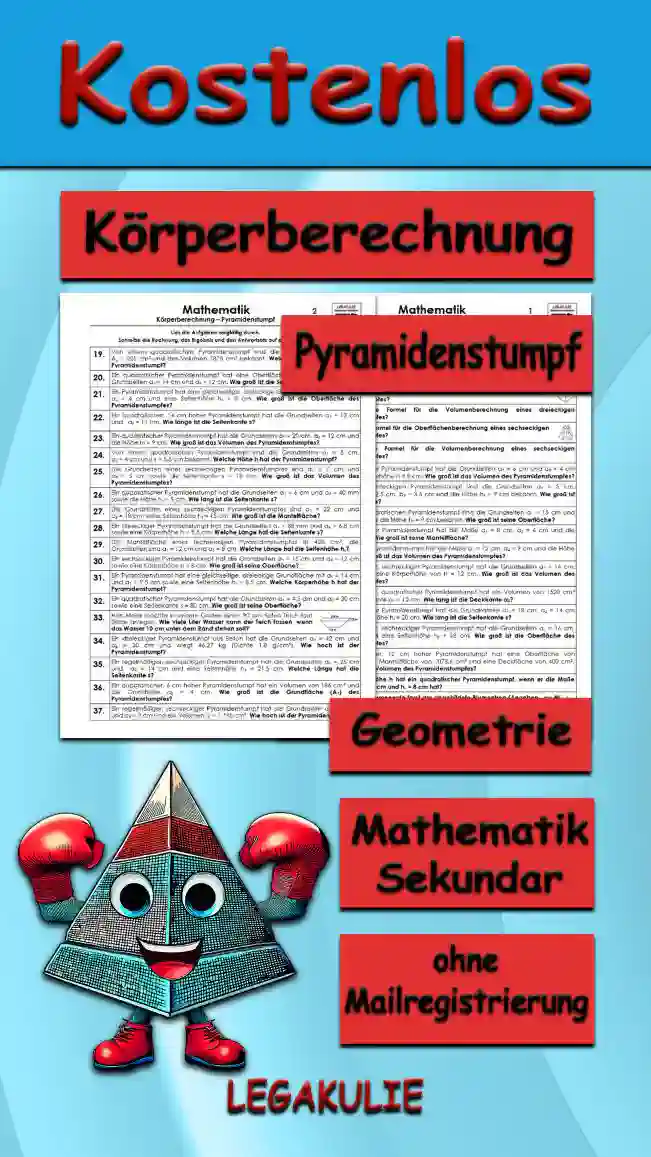 Geometrie Körperberechnung Pyramidenstumpf - Kostenlos von Legakulie.info. (TEXTAUFGABEN)| Mathematik 10. Klasse – Kostenlose anspruchsvolle Textaufgaben und Kopiervorlagen zum Thema Körperberechnung Pyramidenstumpf auf Legakulie.info | 1. Wie lautet die Formel für die Oberflächenberechnung eines quadratischen Pyramidenstumpfes? | 2. Wie lautet die Formel für die Volumenberechnung eines quadratischen Pyramidenstumpfes? | 3. Wie lautet die Formel für die Oberflächenberechnung eines dreieckigen Pyramidenstumpfes? | 4. Wie lautet die Formel für die Volumenberechnung eines dreieckigen Pyramidenstumpfes? | 5. Wie lautet die Formel für die Oberflächenberechnung eines sechseckigen Pyramidenstumpfes? | 6. Wie lautet die Formel für die Volumenberechnung eines sechseckigen Pyramidenstumpfes? | 7. Ein quadratischer Pyramidenstumpf hat die Grundseiten a1 = 6 cm und a2 = 4 cm sowie eine Körperhöhe h = 8 cm. Wie groß ist das Volumen des Pyramidenstumpfes? | 8. Von einem rechteckigen Pyramidenstumpf sind die Grundseiten a1 = 5 cm, b1 = 7 cm, a2 = 2,5 cm, b2 = 3,5 cm und die Höhe hs = 9 cm bekannt. Wie groß ist seine Oberfläche? | 9. Von einem quadratischen Pyramidenstumpf sind die Grundseiten a1 = 15 cm und a2 = 7,5 cm sowie die Höhe hs = 9 cm bekannt. Wie groß ist seine Oberfläche? | 10. Ein quadratischer Pyramidenstumpf hat die Maße a1 = 8 cm, a2 = 6 cm and die Höhe h = 4 cm. Wie groß ist seine Mantelfläche? | 11. Ein dreieckiger Pyramidenstumpf hat die Maße a1 = 12 cm, a2 = 9 cm und die Höhe h = 6 cm. Wie groß ist das Volumen des Pyramidenstumpfes? | 12. Ein regelmäßiger, sechseckiger Pyramidenstumpf hat die Grundseiten a1 = 14 cm, a2 = 8 cm und eine Körperhöhe von h = 12 cm. Wie groß ist das Volumen des Pyramidenstumpfes? | 13. Ein 15 cm hoher, quadratischer Pyramidenstumpf hat ein Volumen von 1520 cm³ und die Grundkante a1 = 12 cm. Wie lang ist die Deckkante a2? | 14. Ein quadratischer Pyramidenstumpf hat die Grundkanten a1 = 18 cm, a2 = 14 cm und eine Seitenhöhe hs = 20 cm. Wie lang ist die Seitenkante s? | 15. Ein regelmäßiger, sechseckiger Pyramidenstumpf hat die Grundseiten a1 = 16 cm, a2 = 12 cm und eine Seitenhöhe hs = 18 cm. Wie groß ist die Oberfläche des Pyramidenstumpfes?