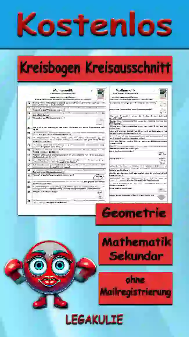 Geometrie Kreisbogen Kreisausschnitt - Kostenlos von Legakulie.info. (TEXTAUFGABEN)| Mathematik 8. Klasse – Kostenlose anspruchsvolle Textaufgaben und Kopiervorlagen zum Thema Kreisbogen und Kreisausschnitt auf Legakulie.info | 1. Mit welcher Formel kann man die Länge eines Kreisbogens berechnen? | 2. Wie lautet die Formel für den Flächeninhalt eines Kreisausschnittes? | 3. Welche Länge hat ein Kreisbogen, wenn der Radius 5 cm und der Mittelpunktswinkel α 70° sind? | 4. Wie groß ist die Fläche eines Kreisausschnittes, wenn der Radius 6 cm und der Mittelpunktswinkel 75° beträgt? | 5. Wie groß ist die Fläche eines Kreisausschnittes, wenn der Radius 8 cm und die Bogenlänge 12 cm lang sind? | 6. Von einem Kreisausschnitt sind der Radius von 35 cm und die Bogenlänge von 45 cm bekannt. Wie groß ist der Mittelpunktswinkel α? | 7. In einen Kreis mit r = 9 cm ist ein Kreisausschnitt mit der Bogenlänge 5 cm eingetragen. Wie groß ist die Fläche des Kreisausschnittes? | 8. Ein Kreisausschnitt hat eine Fläche von AS = 250 cm² und einen Mittelpunktswinkel α = 80°. Wie groß ist der Radius? | 9. Von einem Kreisausschnitt ist der Durchmesser d = 22 cm und der Mittelpunktswinkel α = 98° bekannt. Welche Länge hat der Kreisbogen? | 10. Welche Fläche hat der abgebildete Kreisausschnitt mit einem Radius von 12,5 cm und einem Mittelpunktswinkel von 120°? | 11. Wie groß ist der Mittelpunktswinkel α bei einem Radius von 5 cm und einer Bogenlänge von 8,4 cm? | 12. Peter möchte in seiner Zimmerecke eine Ablage mit 3 Holzböden in Form eines Kreisausschnittes anbringen. Der Radius beträgt 60 cm und der Mittelpunktswinkel hat 90°. Wie viel Material benötigt Peter? | 13. Welche Bogenlänge hat ein Kreisausschnitt, wenn sein Radius 4,5 cm beträgt und sein Mittelpunktswinkel 210° hat? | 14. Von einem Kreisausschnitt sind der Durchmesser d = 0,50 m und der Mittelpunktswinkel α = 110° bekannt. Welche Fläche hat der Kreisausschnitt? | 15. Ein Kreisausschnitt hat eine Bogenlänge von 25 cm und einen Radius von 12,5 cm. Wie groß ist der Mittelpunktswinkel α?