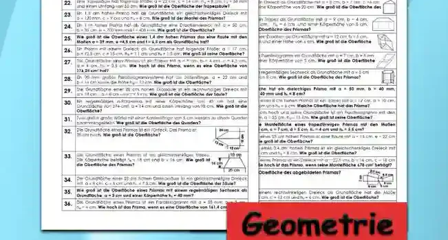 Geometrie Oberflächenberechnung Prisma - Kostenlos von Legakulie.info. (TEXTAUFGABEN)| Mathematik 8. Klasse – Kostenlose anspruchsvolle Textaufgaben und Kopiervorlagen zum Thema Oberflächenberechnung Prisma auf Legakulie.info | 1. Wie lautet die Formel für die Oberflächenberechnung eines Prismas? | 2. Ein quadratisches Prisma hat eine Seitenlänge von 8 cm. Welche Mantelfläche und Oberfläche hat das Prisma? | 3. Ein Prisma hat ein Rechteck als Grundfläche mit a = 6 cm, b = 4 cm und eine Höhe von 14 cm. Wie groß ist die Oberfläche des Prismas? | 4. Ein Prisma hat ein Dreieck als Grundfläche mit a = 8 cm, b = 7 cm, c = 6 cm, hc = 9 cm und eine Körperhöhe von 20 cm. Wie groß ist die Oberfläche des Prismas? | 5. Ein Prisma hat ein Trapez als Grundfläche mit a = 9 cm, b = 4 cm, c = 5 cm, d = 4 cm, ha = 6 cm und einer Körperhöhe von 8 cm. Wie groß ist die Oberfläche des Prismas? | 6. Ein Prisma hat einen Drachen als Grundfläche mit a = 12 cm, b = 5 cm, e = 8 cm, f = 7 cm und einer Höhe von 6 cm. Wie groß ist die Oberfläche des Prismas? | 7. Ein Prisma hat ein Parallelogramm als Grundfläche mit a = 7 cm, b = 5 cm, ha = 4 cm und einer Körperhöhe von 5 cm. Wie groß ist die Oberfläche des Prismas? | 8. Ein Prisma hat ein regelmäßiges Sechseck als Grundfläche mit a = 5 cm und einer Höhe von 8 cm. Wie groß ist die Oberfläche des Prismas? | 9. Welche Oberfläche hat ein dreieckiges Prisma mit a = 50 mm, b = 40 mm, c = 30 mm, ha = 40 mm und hk = 8 cm? | 10. Die Grundfläche eines 8 cm hohen Prismas ist ein Trapez mit a = 12 cm, b = 10 cm, c = 5 cm, d = 10 cm und ha = 6 cm. Welche Oberfläche hat das Prisma? | 11. Ein Prisma ist 60 cm hoch und seine Grundfläche ist ein Parallelogramm mit den Maßen a = 0,4 dm, b = 25 cm, ha = 15 cm. Wie groß ist seine Oberfläche? | 12. Wie groß ist die Mantelfläche eines trapezförmigen Prismas mit den Maßen a = 10 cm, b = 5 cm, c = 7 cm, d = 5 cm, hc = 4 cm und hk = 5,5 cm? | 13. Die Grundfläche eines 25 cm hohen Prismas ist eine Raute mit a = 16 cm, e = 22 cm und f = 16 cm. Wie groß ist die Oberfläche? | 14. Die Grundfläche eines 0,4 dm hohen Prismas ist ein gleichschenkliges Dreieck mit a = 15 cm, c = 11 cm und hc = 8 cm. Wie groß ist die Oberfläche? | 15. Die Grundfläche eines Prismas ist ein Dreieck mit a = 22,5 cm, b = 16 cm, c = 18 cm und hc = 5 cm. Wie hoch ist das Prisma, wenn seine Mantelfläche 678 cm² beträgt?