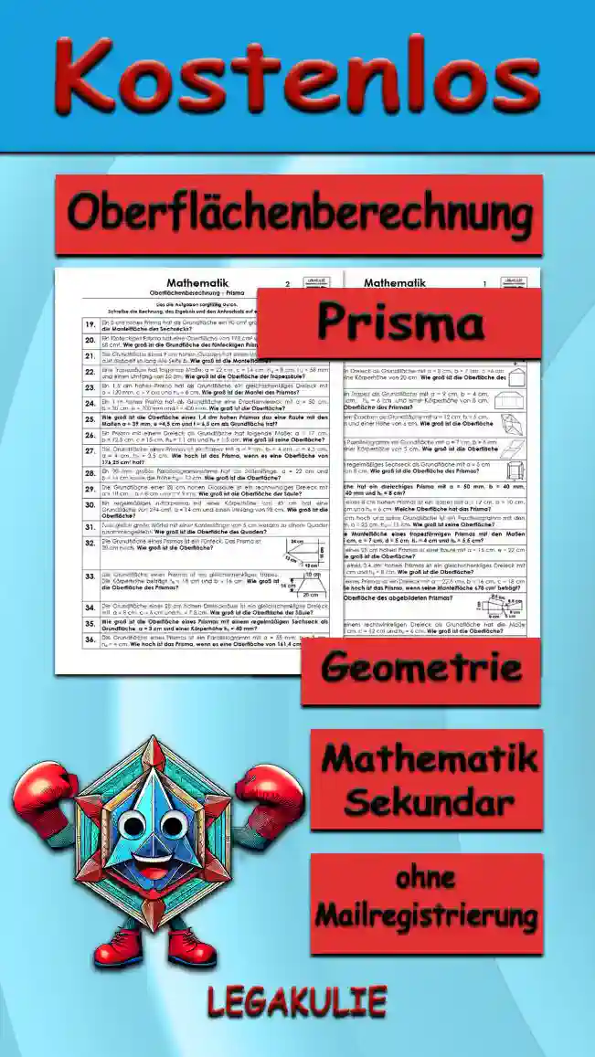 Geometrie Oberflächenberechnung Prisma - Kostenlos von Legakulie.info. (TEXTAUFGABEN)| Mathematik 8. Klasse – Kostenlose anspruchsvolle Textaufgaben und Kopiervorlagen zum Thema Oberflächenberechnung Prisma auf Legakulie.info | 1. Wie lautet die Formel für die Oberflächenberechnung eines Prismas? | 2. Ein quadratisches Prisma hat eine Seitenlänge von 8 cm. Welche Mantelfläche und Oberfläche hat das Prisma? | 3. Ein Prisma hat ein Rechteck als Grundfläche mit a = 6 cm, b = 4 cm und eine Höhe von 14 cm. Wie groß ist die Oberfläche des Prismas? | 4. Ein Prisma hat ein Dreieck als Grundfläche mit a = 8 cm, b = 7 cm, c = 6 cm, hc = 9 cm und eine Körperhöhe von 20 cm. Wie groß ist die Oberfläche des Prismas? | 5. Ein Prisma hat ein Trapez als Grundfläche mit a = 9 cm, b = 4 cm, c = 5 cm, d = 4 cm, ha = 6 cm und einer Körperhöhe von 8 cm. Wie groß ist die Oberfläche des Prismas? | 6. Ein Prisma hat einen Drachen als Grundfläche mit a = 12 cm, b = 5 cm, e = 8 cm, f = 7 cm und einer Höhe von 6 cm. Wie groß ist die Oberfläche des Prismas? | 7. Ein Prisma hat ein Parallelogramm als Grundfläche mit a = 7 cm, b = 5 cm, ha = 4 cm und einer Körperhöhe von 5 cm. Wie groß ist die Oberfläche des Prismas? | 8. Ein Prisma hat ein regelmäßiges Sechseck als Grundfläche mit a = 5 cm und einer Höhe von 8 cm. Wie groß ist die Oberfläche des Prismas? | 9. Welche Oberfläche hat ein dreieckiges Prisma mit a = 50 mm, b = 40 mm, c = 30 mm, ha = 40 mm und hk = 8 cm? | 10. Die Grundfläche eines 8 cm hohen Prismas ist ein Trapez mit a = 12 cm, b = 10 cm, c = 5 cm, d = 10 cm und ha = 6 cm. Welche Oberfläche hat das Prisma? | 11. Ein Prisma ist 60 cm hoch und seine Grundfläche ist ein Parallelogramm mit den Maßen a = 0,4 dm, b = 25 cm, ha = 15 cm. Wie groß ist seine Oberfläche? | 12. Wie groß ist die Mantelfläche eines trapezförmigen Prismas mit den Maßen a = 10 cm, b = 5 cm, c = 7 cm, d = 5 cm, hc = 4 cm und hk = 5,5 cm? | 13. Die Grundfläche eines 25 cm hohen Prismas ist eine Raute mit a = 16 cm, e = 22 cm und f = 16 cm. Wie groß ist die Oberfläche? | 14. Die Grundfläche eines 0,4 dm hohen Prismas ist ein gleichschenkliges Dreieck mit a = 15 cm, c = 11 cm und hc = 8 cm. Wie groß ist die Oberfläche? | 15. Die Grundfläche eines Prismas ist ein Dreieck mit a = 22,5 cm, b = 16 cm, c = 18 cm und hc = 5 cm. Wie hoch ist das Prisma, wenn seine Mantelfläche 678 cm² beträgt?