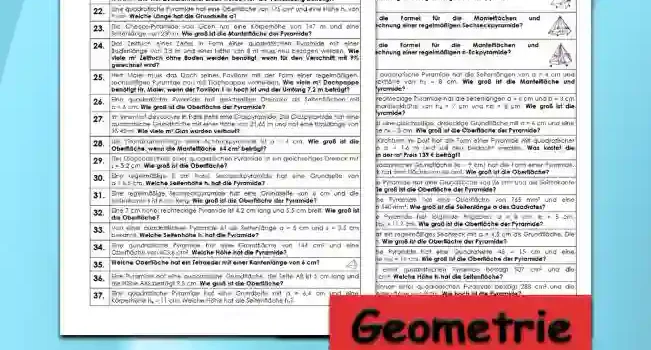 Geometrie Oberflächenberechnung Pyramide - Kostenlos von Legakulie.info. (TEXTAUFGABEN)| Mathematik 9. Klasse – Kostenlose anspruchsvolle Textaufgaben und Kopiervorlagen zum Thema Oberflächenberechnung Pyramide auf Legakulie.info | 1. Wie lautet die Formel für die Oberflächenberechnung einer Pyramide? | 2. Wie lautet die Formel für die Mantelflächen und Oberflächenberechnung einer quadratischen Pyramide? | 3. Wie lautet die Formel für die Mantelflächen und Oberflächenberechnung einer regelmäßigen Dreieckpyramide? | 4. Wie lautet die Formel für die Mantelflächen und Oberflächenberechnung einer regelmäßigen Sechseckpyramide? | 5. Wie lautet die Formel für die Mantelflächen und Oberflächenberechnung einer regelmäßigen n-Eckpyramide? | 6. Eine 6 cm hohe, quadratische Pyramide hat die Seitenlängen von a = 4 cm und eine Seitendreieckhöhe von hD = 8 cm. Wie groß ist die Mantelfläche und Oberfläche der Pyramide? | 7. Eine 5 cm hohe, rechteckige Pyramide hat die Seitenlängen a = 6 cm und b = 3 cm sowie eine Seitendreieckhöhe von ha = 7 cm und hb = 8 cm. Wie groß ist die Oberfläche der Pyramide? | 8. Eine Pyramide hat eine gleichseitige, dreieckige Grundfläche mit a = 6 cm und eine Seitendreieckhöhe hD = 8 cm. Wie groß ist die Oberfläche der Pyramide? | 9. Der 4,8 m hohe Kirchturm im Dorf hat die Form einer Pyramide mit quadratischer Grundfläche von a = 1,6 m und soll neu bedacht werden. Was kostet die Bedachung, wenn der m² Preis 139 € beträgt? | 10. Eine Kerze mit quadratischer Grundfläche (a = 9 cm) hat die Form einer Pyramide. Das Seitendreieck hat eine Fläche von 66 cm². Wie groß ist die Oberfläche? | 11. Eine quadratische Pyramide hat eine Grundfläche von 36 cm² und die Seitenkante s ist 7 cm lang. Wie groß ist die Oberfläche der Pyramide? | 12. Eine quadratische Pyramide hat eine Oberfläche von 765 mm² und eine Mantelfläche von 540 mm². Wie groß ist die Seitenlänge a des Quadrates? | 13. Eine rechteckige Pyramide hat folgende Angaben: a = 8 cm, b = 5 cm, ah = 11,3 cm und bh = 11,7 cm. Wie groß ist die Oberfläche der Pyramide? | 14. Eine Pyramide hat ein regelmäßiges Sechseck mit a = 4,5 cm als Grundfläche. Die Höhe hs ist 9,6 cm. Wie groß ist die Oberfläche der Pyramide? | 15. Eine quadratische Pyramide hat eine Quadratseite AB = 15 cm und eine Seitendreieckhöhe hBC = 16 cm. Wie groß ist die Oberfläche der Pyramide?