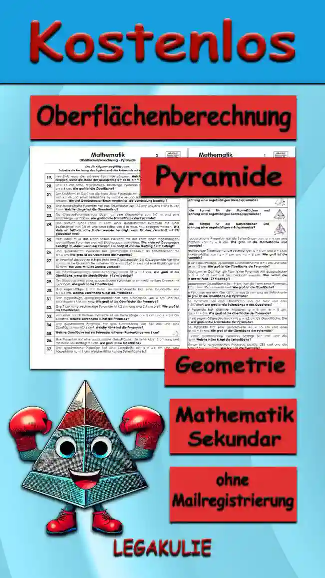 Geometrie Oberflächenberechnung Pyramide - Kostenlos von Legakulie.info. (TEXTAUFGABEN)| Mathematik 9. Klasse – Kostenlose anspruchsvolle Textaufgaben und Kopiervorlagen zum Thema Oberflächenberechnung Pyramide auf Legakulie.info | 1. Wie lautet die Formel für die Oberflächenberechnung einer Pyramide? | 2. Wie lautet die Formel für die Mantelflächen und Oberflächenberechnung einer quadratischen Pyramide? | 3. Wie lautet die Formel für die Mantelflächen und Oberflächenberechnung einer regelmäßigen Dreieckpyramide? | 4. Wie lautet die Formel für die Mantelflächen und Oberflächenberechnung einer regelmäßigen Sechseckpyramide? | 5. Wie lautet die Formel für die Mantelflächen und Oberflächenberechnung einer regelmäßigen n-Eckpyramide? | 6. Eine 6 cm hohe, quadratische Pyramide hat die Seitenlängen von a = 4 cm und eine Seitendreieckhöhe von hD = 8 cm. Wie groß ist die Mantelfläche und Oberfläche der Pyramide? | 7. Eine 5 cm hohe, rechteckige Pyramide hat die Seitenlängen a = 6 cm und b = 3 cm sowie eine Seitendreieckhöhe von ha = 7 cm und hb = 8 cm. Wie groß ist die Oberfläche der Pyramide? | 8. Eine Pyramide hat eine gleichseitige, dreieckige Grundfläche mit a = 6 cm und eine Seitendreieckhöhe hD = 8 cm. Wie groß ist die Oberfläche der Pyramide? | 9. Der 4,8 m hohe Kirchturm im Dorf hat die Form einer Pyramide mit quadratischer Grundfläche von a = 1,6 m und soll neu bedacht werden. Was kostet die Bedachung, wenn der m² Preis 139 € beträgt? | 10. Eine Kerze mit quadratischer Grundfläche (a = 9 cm) hat die Form einer Pyramide. Das Seitendreieck hat eine Fläche von 66 cm². Wie groß ist die Oberfläche? | 11. Eine quadratische Pyramide hat eine Grundfläche von 36 cm² und die Seitenkante s ist 7 cm lang. Wie groß ist die Oberfläche der Pyramide? | 12. Eine quadratische Pyramide hat eine Oberfläche von 765 mm² und eine Mantelfläche von 540 mm². Wie groß ist die Seitenlänge a des Quadrates? | 13. Eine rechteckige Pyramide hat folgende Angaben: a = 8 cm, b = 5 cm, ah = 11,3 cm und bh = 11,7 cm. Wie groß ist die Oberfläche der Pyramide? | 14. Eine Pyramide hat ein regelmäßiges Sechseck mit a = 4,5 cm als Grundfläche. Die Höhe hs ist 9,6 cm. Wie groß ist die Oberfläche der Pyramide? | 15. Eine quadratische Pyramide hat eine Quadratseite AB = 15 cm und eine Seitendreieckhöhe hBC = 16 cm. Wie groß ist die Oberfläche der Pyramide?