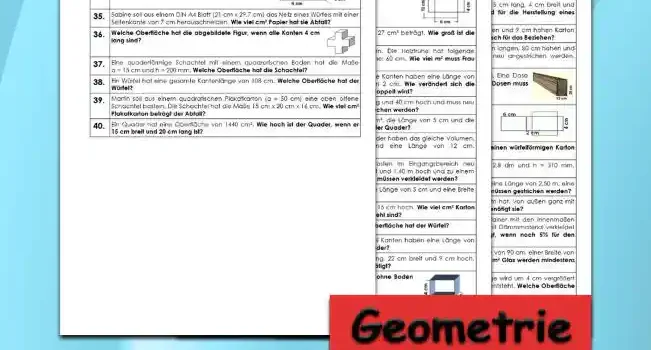 Geometrie Oberflächenberechnung Würfel Quader - Kostenlos von Legakulie.info. (TEXTAUFGABEN)| Mathematik 6. Klasse – Kostenlose anspruchsvolle Textaufgaben und Kopiervorlagen zum Thema Oberflächenberechnung Würfel Quader auf Legakulie.info | 1. Wie lautet die Formel für die Oberfläche der Figur? | 2. Wie lautet die Formel für die Oberfläche der Figur? | 3. Ein Würfel hat eine Kantenlänge von 6 cm. Welche Oberfläche hat der Würfel? | 4. Ein quaderförmiger Tetrapack Apfelsaft hat die Maße 5 cm lang, 4 cm breit und 13 cm hoch. Welche Menge in cm² an Pappe wird für die Herstellung eines Tetrapacks benötigt? | 5. Frau Hübsch möchte einen 30 cm langen, 12 cm breiten und 9 cm hohen Karton mit Stoff beziehen. Wie viele cm² Stoff benötigt Frau Hübsch für das Beziehen? | 6. Das Klettergerüst auf dem Spielplatz wird von fünf 2,50 m langen, 80 cm hohen und 30 cm breiten Balken getragen. Die Balken müssen neu angestrichen werden. Wie viel m² Balken müssen gestrichen werden? | 7. Papa möchte einen 3 m langen Balken anstreichen. Eine Dose Farbe reicht für etwa einen Quadratmeter. Wie viele Dosen muss Papa kaufen? | 8. Welche Oberfläche hat der abgebildete Quader mit dem Netz aus den Maßen 6 cm, 2 cm und 4 cm? | 9. Wie viele Quadratmeter Kartonage benötigt man, um einen würfelförmigen Karton mit der Seitenlänge 40 cm herzustellen? | 10. Eine quaderförmige Schachtel hat a = 48 cm, b = 2,8 dm und h = 310 mm. Welche Oberfläche hat die Schachtel? | 11. Eine Holzkiste soll neu gestrichen werden. Die Kiste hat eine Länge von 2,50 m, eine Breite von 1 m und eine Höhe von 1,80 m. Wie viele m² müssen gestrichen werden? | 12. Beate möchte einen Würfel, der die Kantenlänge 3 cm hat, von außen ganz mit Geschenkpapier bekleben. Wie viel Geschenkpapier benötigt sie? | 13. Für den Transport von antiken Möbeln muss ein Container mit den Innenmaßen 4,50 m lang, 2,3 m breit und 1,80 m hoch, von innen mit Dämmmaterial verkleidet werden. Wie viel m² Dämmmaterial werden benötigt, wenn noch 5% für den Verschnitt mitgerechnet werden müssen? | 14. Herr Maier lässt sich ein neues Aquarium mit einer Länge von 90 cm, einer Breite von 40 cm und einer Höhe von 60 cm anfertigen. Wie viel cm² Glas werden mindestens benötigt? | 15. Ein Würfel hat eine Kantenlänge von 6 cm. Seine Länge wird um 4 cm vergrößert und die Breite um 3 cm verkleinert, sodass ein Quader entsteht. Welche Oberfläche hat dieser Quader?