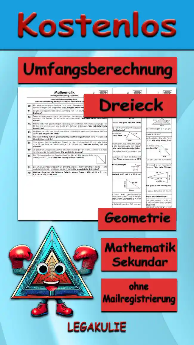 Geometrie Umfangsberechnung Dreieck - Kostenlos von Legakulie.info. (TEXTAUFGABEN)| Mathematik 5. Klasse – Kostenlose anspruchsvolle Textaufgaben und Kopiervorlagen zum Thema Umfangsberechnung Dreieck auf Legakulie.info | 1. Wie lautet die Formel für den Umfang der Figur? | 2. Ein gleichseitiges Dreieck hat eine Seitenlänge von 5,8 cm. Wie groß ist der Umfang des Dreiecks? | 3. Welchen Umfang hat das abgebildete Dreieck mit den Seitenlängen 5,5 cm, 5,2 cm und einer Grundseite von 7,5 cm? | 4. Von einem Dreieck ist der Umfang von 65 cm und die Seitenlängen a = 24 cm, b = 32 cm gegeben. Welche Seitenlänge hat c? | 5. Welchen Umfang hat ein Dreieck mit a = 8 cm, b = 10 cm und c = 4 cm? | 6. Familie Neu muss ihr Gartengrundstück einzäunen. Das Grundstück hat die Form eines Dreiecks mit a = 4,5 m, b = 15,8 m und c = 11,8 m. Wie viele Meter Zaun braucht Familie Neu? | 7. Der abgebildete dreieckige Garten mit den Kantenlängen 15 m, 12 m und 18 m soll mit Heckenpflanzen eingegrenzt werden. Dabei wird pro 0,5 m eine Pflanze gesetzt. Wie viele Pflanzen werden benötigt? | 8. Ein gleichschenkliges Dreieck hat einen Umfang von 30 cm und die Grundlinie c = 12 cm. Welche Schenkellänge hat das Dreieck? | 9. Ein dreieckiger Spielplatz mit den Maßen a = 45 m, b = 42 m und c = 61 m wird mit einer Hecke umgeben. Pro Meter braucht man 2 Pflanzen. Wie viele Pflanzen werden benötigt? | 10. Welchen Umfang hat das abgebildete Dreieck mit den Seitenmaßen 6,8 cm, 4,8 cm und 6,8 cm? | 11. Ein gleichseitiges Dreieck hat die Seitenlänge 55 mm. Wie groß ist der Umfang des Dreiecks? | 12. Ein gleichschenkliges Dreieck hat den Umfang 74 cm. Jeder Schenkel ist 18 cm lang. Wie lang ist die Grundseite? | 13. Ein gleichseitiges Dreieck hat den Umfang 21 cm. Wie lang ist eine Seitenlänge? | 14. Die Firma Dächle muss ihren dreieckigen Lagerplatz mit den Maßen a = 52 m, b = 38 m und c = 58 m mit einem Zaun umgeben. Für einen Meter Zaun werden 6 Bretter benötigt. Wie viele Bretter werden insgesamt gebraucht? | 15. Welchen Umfang hat ein gleichschenklig-rechtwinkliges Dreieck mit b = 8,9 cm und der Grundseite c = 11,4 cm?