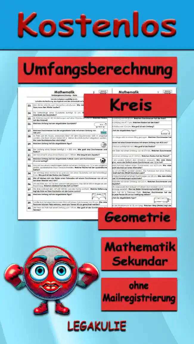 Geometrie Umfangsberechnung Kreis - Kostenlos von Legakulie.info. (TEXTAUFGABEN)| Mathematik 8. Klasse – Kostenlose anspruchsvolle Textaufgaben und Kopiervorlagen zum Thema Umfangsberechnung Kreis auf Legakulie.info | 1. Wie lautet die Formel für die Umfangsberechnung eines Kreises? | 2. Welchen Umfang hat ein Kreis mit einem Durchmesser von 5 cm? | 3. Welchen Umfang hat ein Kreis mit einem Radius von 9 cm? | 4. Ein Kreis hat einen Umfang von 39,25 cm. Welchen Durchmesser hat der Kreis? | 5. Ein Kreis hat einen Umfang von 47,1 cm. Welchen Radius hat der Kreis? | 6. Ein Kreis hat einen Radius von 12,4 cm. Wie groß ist sein Umfang? | 7. Welchen Umfang hat die abgebildete Figur aus einem Rechteck-Unterbau und einem aufgesetzten Halbkreis mit einem Durchmesser von 12 cm? | 8. Ein Blech von 1,5 m Länge wird zu einem Ring gebogen. Welchen Durchmesser hat der Ring? | 9. Welchen Durchmesser hat eine Konservendose mit einem Umfang von 40,8 cm? | 10. Der Umfang eines Kreises beträgt 360 dm. Wie groß ist der Radius? | 11. Der Äquator unserer Erde hat einen Umfang von 40 074 km. Welchen Durchmesser hat der Äquator? | 12. Der Planet Mars hat einen Umfang von 21 344 km. Welchen Radius hat der Planet? | 13. Herr Maier muss am runden Esstisch den Umleimer erneuern. Wie viele Meter Umleimer benötigt er, wenn der Esstisch einen Durchmesser von 1,2 m hat? | 14. Die Räder an Peters Fahrrad haben einen Durchmesser von 63,5 cm. Wie viele Umdrehungen macht das Rad auf einen Kilometer? | 15. Auf eine Farbdose soll ein Etikett geklebt werden. Die Farbdose hat einen Radius von 15,5 cm. Wie breit darf das Etikett höchstens sein?