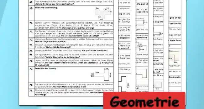 Geometrie Umfangsberechnung Quadrat Rechteck - Kostenlos von Legakulie.info. (TEXTAUFGABEN)| Mathematik 5. Klasse – Kostenlose anspruchsvolle Textaufgaben und Kopiervorlagen zum Thema Umfangsberechnung Quadrat Rechteck auf Legakulie.info | 1. Berechne den Umfang des abgebildeten Rechtecks mit einer Länge von 3 cm und einer Breite von 1,5 cm. | 2. Berechne den Umfang des abgebildeten Quadrats mit einer Seitenlänge von 3 cm. | 3. Berechne den Umfang der abgebildeten stufenförmigen Figuren auf dem Gitternetz, wobei ein Kästchen exakt 1 cm entspricht. | 4. Familie Maier hat ein quadratisches Grundstück, das 25 m lang ist. Wie groß ist der Umfang ihres Grundstücks? | 5. Das Kleinspielfeld unserer Schule ist 15 m lang und 8 m breit. Wie groß ist der Umfang des Spielfeldes? | 6. Bauer Heinz hat einen 166 m langen und 45 m breiten Acker. Er möchte um den ganzen Acker einen Zaun bauen. Wie viele Meter Zaun benötigt er? | 7. Das Schwimmbecken in der Schule hat einen Umfang von 60 m. Eine Länge beträgt 20 m. Wie breit ist das Becken? | 8. Ein quadratischer Spielplatz hat eine Seitenlänge von 15 m. Wie viele Meter Zaun braucht man zum Einzäunen? | 9. Ein Quadrat hat einen Flächenumfang von 80 m. Wie lang ist eine Seite? | 10. Berechne den Umfang der abgebildeten, u-förmigen Figur mit den Kantenlängen 140 m, 80 m, 40 m, 60 m und 50 m. | 11. Bei einem Rechteck ist der Umfang von 2,5 m gegeben, die Länge beträgt 50 cm. Wie breit ist das Rechteck? | 12. Ein Quadrat mit 20,2 cm Seitenlänge hat den gleichen Umfang wie ein 18,4 cm breites Rechteck. Welche Länge hat das Rechteck? | 13. Ein Quadrat hat einen Umfang von 500 dm. Berechne die Länge einer Quadratseite und gib sie in Zentimetern an. | 14. Von einem Rechteck sind der Umfang von 340 dm und eine Seitenlänge von 60 cm gegeben. Wie lang ist die andere Seite? | 15. Ein Quadrat hat einen Umfang von 49,2 cm. Wie lang ist eine Seite?