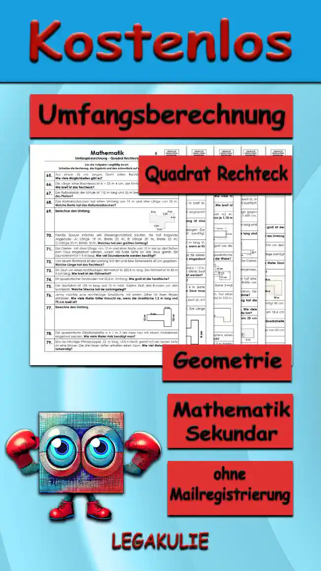 Geometrie Umfangsberechnung Quadrat Rechteck - Kostenlos von Legakulie.info. (TEXTAUFGABEN)| Mathematik 5. Klasse – Kostenlose anspruchsvolle Textaufgaben und Kopiervorlagen zum Thema Umfangsberechnung Quadrat Rechteck auf Legakulie.info | 1. Berechne den Umfang des abgebildeten Rechtecks mit einer Länge von 3 cm und einer Breite von 1,5 cm. | 2. Berechne den Umfang des abgebildeten Quadrats mit einer Seitenlänge von 3 cm. | 3. Berechne den Umfang der abgebildeten stufenförmigen Figuren auf dem Gitternetz, wobei ein Kästchen exakt 1 cm entspricht. | 4. Familie Maier hat ein quadratisches Grundstück, das 25 m lang ist. Wie groß ist der Umfang ihres Grundstücks? | 5. Das Kleinspielfeld unserer Schule ist 15 m lang und 8 m breit. Wie groß ist der Umfang des Spielfeldes? | 6. Bauer Heinz hat einen 166 m langen und 45 m breiten Acker. Er möchte um den ganzen Acker einen Zaun bauen. Wie viele Meter Zaun benötigt er? | 7. Das Schwimmbecken in der Schule hat einen Umfang von 60 m. Eine Länge beträgt 20 m. Wie breit ist das Becken? | 8. Ein quadratischer Spielplatz hat eine Seitenlänge von 15 m. Wie viele Meter Zaun braucht man zum Einzäunen? | 9. Ein Quadrat hat einen Flächenumfang von 80 m. Wie lang ist eine Seite? | 10. Berechne den Umfang der abgebildeten, u-förmigen Figur mit den Kantenlängen 140 m, 80 m, 40 m, 60 m und 50 m. | 11. Bei einem Rechteck ist der Umfang von 2,5 m gegeben, die Länge beträgt 50 cm. Wie breit ist das Rechteck? | 12. Ein Quadrat mit 20,2 cm Seitenlänge hat den gleichen Umfang wie ein 18,4 cm breites Rechteck. Welche Länge hat das Rechteck? | 13. Ein Quadrat hat einen Umfang von 500 dm. Berechne die Länge einer Quadratseite und gib sie in Zentimetern an. | 14. Von einem Rechteck sind der Umfang von 340 dm und eine Seitenlänge von 60 cm gegeben. Wie lang ist die andere Seite? | 15. Ein Quadrat hat einen Umfang von 49,2 cm. Wie lang ist eine Seite?