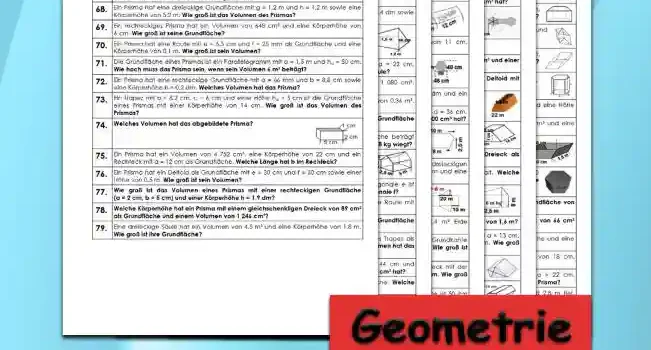 Geometrie Volumenberechnung Prisma - Kostenlos von Legakulie.info. (TEXTAUFGABEN)| Mathematik 8. Klasse – Kostenlose anspruchsvolle Textaufgaben und Kopiervorlagen zum Thema Volumenberechnung Prisma auf Legakulie.info | 1. Wie lautet die Formel für die Volumenberechnung eines Prismas? (Geometrie-... p. 1) | 2. Ein Prisma hat ein Rechteck als Grundfläche mit a = 6 cm, b = 4 cm und eine Höhe von 14 cm. Welches Volumen hat das Prisma? (Geometrie-... p. 1) | 3. Ein Prisma hat ein Dreieck als Grundfläche mit g = 8 cm, hg = 9 cm und eine Höhe von 20 cm. Welches Volumen hat das Prisma? (Geometrie-... p. 1) | 4. Ein Prisma hat ein Trapez als Grundfläche mit a = 8 cm, c = 5 cm, ha = 6 cm und eine Höhe von 12 cm. Welches Volumen hat das Prisma? (Geometrie-... p. 1) | 5. Ein Prisma hat einen Drachen als Grundfläche mit e = 8 cm, f = 7 cm und einer Höhe von 14 cm. Welches Volumen hat das Prisma? (Geometrie-... p. 1) | 6. Ein Prisma hat ein Parallelogramm als Grundfläche mit a = 7 cm, ha = 4 cm und einer Höhe von 12 cm. Welches Volumen hat das Prisma? (Geometrie-... p. 1) | 7. Ein Prisma hat ein regelmäßiges Sechseck als Grundfläche mit g = 5 cm, hg = 3 cm und einer Höhe von 8 cm. Welches Volumen hat das Prisma? (Geometrie-... p. 1) | 8. Ein Geschenkkarton hat eine dreieckige Grundfläche von 24 cm² und eine Höhe von 6 cm. Welches Volumen hat der Geschenkkarton? (Geometrie-... p. 1) | 9. Ein Goldbarren in Form eines Trapezes hat ein Volumen von 1 200 cm³ und eine Grundfläche von 60 cm². Welche Länge hat der Goldbarren? (Geometrie-... p. 1) | 10. Frau Meier möchte ihren trapezförmigen Blumentrog (60 cm obere Breite, 40 cm untere Breite, 25 cm Höhe, 1,5 m Länge) mit Erde füllen. Wie viele Liter Blumenerde braucht sie? (Geometrie-... p. 1) | 11. Sabine hat eine sechseckige Hutschachtel mit g = 60 cm und hg = 40 cm. Die Schachtel hat eine Höhe von 30 cm. Welches Volumen hat die Hutschachtel? (Geometrie-... p. 1) | 12. Wie groß ist das Volumen eines Prismas mit einer quadratischen Grundfläche von a = 5,5 cm und einer Körperhöhe h = 2,6 dm? (Geometrie-... p. 1) | 13. Welche Körperhöhe hat ein Prisma mit einem rechtwinkligen Dreieck von 66 cm² Flächeninhalt als Grundfläche und einem Volumen von 1 650 cm³? (Geometrie-... p. 1) | 14. Ein Prisma hat eine Raute mit e = 2,5 m und f = 58 dm als Grundfläche und eine Körperhöhe von 0,5 m. Welches Volumen hat das Prisma? (Geometrie-... p. 1) | 15. Ein Prisma hat ein Volumen von 1 134 cm³ und eine Körperhöhe von 18 cm. Wie groß ist seine Grundfläche?