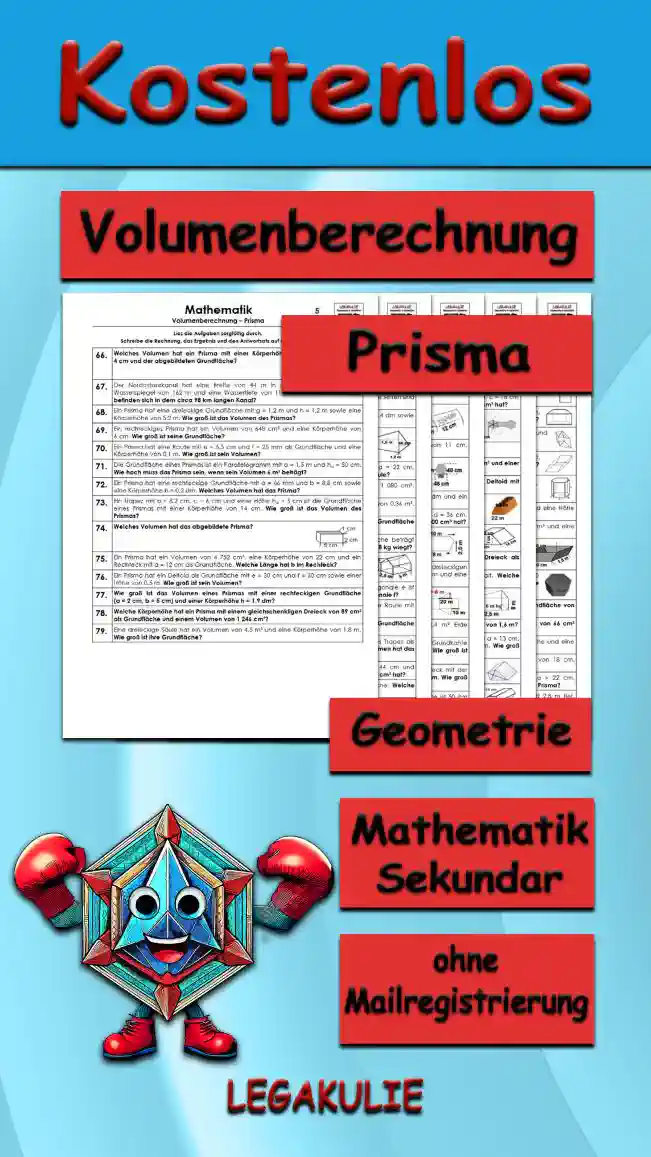 Geometrie Volumenberechnung Prisma - Kostenlos von Legakulie.info. (TEXTAUFGABEN)| Mathematik 8. Klasse – Kostenlose anspruchsvolle Textaufgaben und Kopiervorlagen zum Thema Volumenberechnung Prisma auf Legakulie.info | 1. Wie lautet die Formel für die Volumenberechnung eines Prismas? (Geometrie-... p. 1) | 2. Ein Prisma hat ein Rechteck als Grundfläche mit a = 6 cm, b = 4 cm und eine Höhe von 14 cm. Welches Volumen hat das Prisma? (Geometrie-... p. 1) | 3. Ein Prisma hat ein Dreieck als Grundfläche mit g = 8 cm, hg = 9 cm und eine Höhe von 20 cm. Welches Volumen hat das Prisma? (Geometrie-... p. 1) | 4. Ein Prisma hat ein Trapez als Grundfläche mit a = 8 cm, c = 5 cm, ha = 6 cm und eine Höhe von 12 cm. Welches Volumen hat das Prisma? (Geometrie-... p. 1) | 5. Ein Prisma hat einen Drachen als Grundfläche mit e = 8 cm, f = 7 cm und einer Höhe von 14 cm. Welches Volumen hat das Prisma? (Geometrie-... p. 1) | 6. Ein Prisma hat ein Parallelogramm als Grundfläche mit a = 7 cm, ha = 4 cm und einer Höhe von 12 cm. Welches Volumen hat das Prisma? (Geometrie-... p. 1) | 7. Ein Prisma hat ein regelmäßiges Sechseck als Grundfläche mit g = 5 cm, hg = 3 cm und einer Höhe von 8 cm. Welches Volumen hat das Prisma? (Geometrie-... p. 1) | 8. Ein Geschenkkarton hat eine dreieckige Grundfläche von 24 cm² und eine Höhe von 6 cm. Welches Volumen hat der Geschenkkarton? (Geometrie-... p. 1) | 9. Ein Goldbarren in Form eines Trapezes hat ein Volumen von 1 200 cm³ und eine Grundfläche von 60 cm². Welche Länge hat der Goldbarren? (Geometrie-... p. 1) | 10. Frau Meier möchte ihren trapezförmigen Blumentrog (60 cm obere Breite, 40 cm untere Breite, 25 cm Höhe, 1,5 m Länge) mit Erde füllen. Wie viele Liter Blumenerde braucht sie? (Geometrie-... p. 1) | 11. Sabine hat eine sechseckige Hutschachtel mit g = 60 cm und hg = 40 cm. Die Schachtel hat eine Höhe von 30 cm. Welches Volumen hat die Hutschachtel? (Geometrie-... p. 1) | 12. Wie groß ist das Volumen eines Prismas mit einer quadratischen Grundfläche von a = 5,5 cm und einer Körperhöhe h = 2,6 dm? (Geometrie-... p. 1) | 13. Welche Körperhöhe hat ein Prisma mit einem rechtwinkligen Dreieck von 66 cm² Flächeninhalt als Grundfläche und einem Volumen von 1 650 cm³? (Geometrie-... p. 1) | 14. Ein Prisma hat eine Raute mit e = 2,5 m und f = 58 dm als Grundfläche und eine Körperhöhe von 0,5 m. Welches Volumen hat das Prisma? (Geometrie-... p. 1) | 15. Ein Prisma hat ein Volumen von 1 134 cm³ und eine Körperhöhe von 18 cm. Wie groß ist seine Grundfläche?