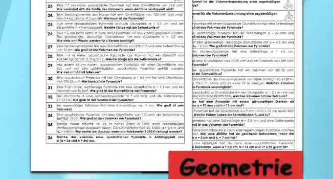 Geometrie Volumenberechnung Pyramide - Kostenlos von Legakulie.info. (TEXTAUFGABEN)| Mathematik 9. Klasse – Kostenlose anspruchsvolle Textaufgaben und Kopiervorlagen zum Thema Volumenberechnung Pyramide auf Legakulie.info | 1. Wie lautet die Formel für die Volumenberechnung einer Pyramide? | 2. Wie lautet die Formel für die Volumenberechnung einer Pyramide mit quadratischer Grundfläche? | 3. Wie lautet die Formel für die Volumenberechnung einer regelmäßigen Dreieckpyramide? | 4. Wie lautet die Formel für die Volumenberechnung einer regelmäßigen Sechseckpyramide? | 5. Wie lautet die Formel für die Volumenberechnung einer regelmäßigen n-Eckpyramide? | 6. Eine 8 cm hohe Pyramide mit einem Quadrat als Grundfläche hat eine Seitenlänge a = 6 cm. Wie groß ist das Volumen der Pyramide? | 7. Eine 11 cm hohe, rechteckige Pyramide hat die Seitenlängen a = 60 mm und b = 4 cm. Wie groß ist das Volumen der Pyramide? | 8. Eine Pyramide hat eine gleichseitige, dreieckige Grundfläche mit a = 4,5 dm und eine Körperhöhe hK = 8 cm. Wie groß ist das Volumen der Pyramide? | 9. Eine 9 cm hohe Sechseckpyramide hat eine Seitenlänge a = 4,5 cm. Wie groß ist das Volumen der Pyramide? | 10. Eine Pyramide hat eine Grundfläche von 72,25 cm² und ein Volumen von 289 cm³. Wie hoch ist die Pyramide? | 11. Eine 15 cm hohe, quadratische Pyramide hat ein Volumen von 281,25 cm³. Welche Länge hat die Grundseite a? | 12. Der Umfang der Grundfläche der Cheops-Pyramide von Gizeh beträgt circa 920 m. Die Höhe betrug ursprünglich 146,6 m. Welches Volumen besaß die Cheops-Pyramide ursprünglich? | 13. Ein Zelt hat eine quadratische Grundfläche mit der Grundseite a = 2,1 m und vier gleichseitigen Dreiecken als Seitenflächen. Welches Volumen hat der Zeltraum? | 14. Welches Volumen hat eine Pyramide mit einem gleichseitigen Dreieck als Grundfläche, wenn a = 90 mm und h = 11 cm sind? | 15. Eine rechteckige Pyramide hat die Grundseiten a = 9 cm und b = 15 cm sowie eine Höhe h = 1,2 dm. Welche Höhen haben die Seitenflächen ha und hb?