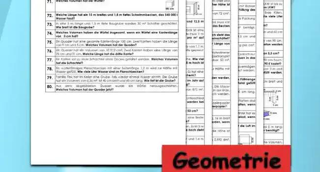 Geometrie Volumenberechnung Würfel Quader - Kostenlos von Legakulie.info. (TEXTAUFGABEN)| Mathematik 6. Klasse – Kostenlose anspruchsvolle Textaufgaben und Kopiervorlagen zum Thema Volumenberechnung Würfel Quader auf Legakulie.info | 1. Wie lautet die Formel für das Volumen der Figur? | 2. Welches Volumen hat ein Quader, der 10 cm lang, 4 cm breit und 3 cm hoch ist? | 3. Herr Bau muss vor seinem Haus die fünfstufige Treppe erneuern. Die Treppenstufen müssen 25 cm hoch, 1,2 m breit und 40 cm tief sein. Wie viele m³ Beton braucht er dafür? | 4. Herr Bauer hat einen LKW mit einer Ladefläche von 3 m x 1,60 m. Der LKW ist bis zu einer Höhe von 50 cm mit Kies beladen. Wie viele m³ Kies sind auf seinem LKW? | 5. Frau Perle möchte ihre drei quaderförmigen Blumenkästen mit Erde füllen. Die Blumenkästen haben eine Größe von 60 cm x 15 cm x 20 cm. Wie viele Liter Blumenerde braucht Frau Perle? | 6. Wie viele Liter Apfelsaft passen in einen Würfel mit der Seitenlänge 50 cm? | 7. Eine Grube mit einer Länge von 5 m und Breite von 2,2 m wird gegraben und 60 cm hoch mit Beton gefüllt. Wie viele m³ Beton werden benötigt? | 8. Die Stadt muss einen neuen Betonsockel für ein Denkmal mit der Breite von 90 cm, einer Tiefe von 0,5 m und einer Höhe von 1,2 m gießen. Wie viele m³ Beton werden zum Gießen benötigt? | 9. Welches Volumen hat ein würfelförmiger Karton mit einer Seitenlänge von 5,5 cm? | 10. Ein Stapel aufgeschichtetes Brennholz ist 2,5 m breit, 1,40 m tief und 90 cm hoch. Wie viele Euro kostet das Brennholz, wenn der m³ geschichtetes Holz 23,90 € kostet? | 11. Familie Hoppel hat einen Pool mit einer Länge von 4 m, einer Breite von 3 m und einer Höhe von 1,50 m. Mit wie vielen Liter Wasser kann der Pool gefüllt werden, wenn das Wasser 15 cm unter dem Rand stehen soll? | 12. Ein quaderförmiger Tetra Pak Apfelsaft hat die Maße 5 cm lang, 4 cm breit und 13 cm hoch. Wie viele Liter Apfelsaft passen in den Tetra Pak? | 13. Welchen Rauminhalt hat die abgebildete Figur aufgebaut aus Quaderelementen mit den Stufenmaßen 7 cm, 2 cm, 3 cm, 5 cm und 1 cm? | 14. Welches Volumen hat die abgebildete Streichholzbox mit den Maßen 50 mm, 35 mm und 15 mm? | 15. Herr Maier muss in seinem Garten eine neue Mauer errichten. Sie wird 5 m lang, 150 cm hoch und 30 cm dick. Wie viele m³ Beton werden für die Mauer benötigt?