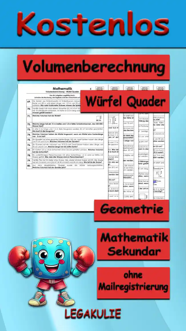 Geometrie Volumenberechnung Würfel Quader - Kostenlos von Legakulie.info. (TEXTAUFGABEN)| Mathematik 6. Klasse – Kostenlose anspruchsvolle Textaufgaben und Kopiervorlagen zum Thema Volumenberechnung Würfel Quader auf Legakulie.info | 1. Wie lautet die Formel für das Volumen der Figur? | 2. Welches Volumen hat ein Quader, der 10 cm lang, 4 cm breit und 3 cm hoch ist? | 3. Herr Bau muss vor seinem Haus die fünfstufige Treppe erneuern. Die Treppenstufen müssen 25 cm hoch, 1,2 m breit und 40 cm tief sein. Wie viele m³ Beton braucht er dafür? | 4. Herr Bauer hat einen LKW mit einer Ladefläche von 3 m x 1,60 m. Der LKW ist bis zu einer Höhe von 50 cm mit Kies beladen. Wie viele m³ Kies sind auf seinem LKW? | 5. Frau Perle möchte ihre drei quaderförmigen Blumenkästen mit Erde füllen. Die Blumenkästen haben eine Größe von 60 cm x 15 cm x 20 cm. Wie viele Liter Blumenerde braucht Frau Perle? | 6. Wie viele Liter Apfelsaft passen in einen Würfel mit der Seitenlänge 50 cm? | 7. Eine Grube mit einer Länge von 5 m und Breite von 2,2 m wird gegraben und 60 cm hoch mit Beton gefüllt. Wie viele m³ Beton werden benötigt? | 8. Die Stadt muss einen neuen Betonsockel für ein Denkmal mit der Breite von 90 cm, einer Tiefe von 0,5 m und einer Höhe von 1,2 m gießen. Wie viele m³ Beton werden zum Gießen benötigt? | 9. Welches Volumen hat ein würfelförmiger Karton mit einer Seitenlänge von 5,5 cm? | 10. Ein Stapel aufgeschichtetes Brennholz ist 2,5 m breit, 1,40 m tief und 90 cm hoch. Wie viele Euro kostet das Brennholz, wenn der m³ geschichtetes Holz 23,90 € kostet? | 11. Familie Hoppel hat einen Pool mit einer Länge von 4 m, einer Breite von 3 m und einer Höhe von 1,50 m. Mit wie vielen Liter Wasser kann der Pool gefüllt werden, wenn das Wasser 15 cm unter dem Rand stehen soll? | 12. Ein quaderförmiger Tetra Pak Apfelsaft hat die Maße 5 cm lang, 4 cm breit und 13 cm hoch. Wie viele Liter Apfelsaft passen in den Tetra Pak? | 13. Welchen Rauminhalt hat die abgebildete Figur aufgebaut aus Quaderelementen mit den Stufenmaßen 7 cm, 2 cm, 3 cm, 5 cm und 1 cm? | 14. Welches Volumen hat die abgebildete Streichholzbox mit den Maßen 50 mm, 35 mm und 15 mm? | 15. Herr Maier muss in seinem Garten eine neue Mauer errichten. Sie wird 5 m lang, 150 cm hoch und 30 cm dick. Wie viele m³ Beton werden für die Mauer benötigt?
