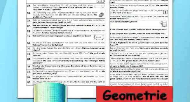 Geometrie Volumenberechnung Zylinder - Kostenlos von Legakulie.info. (TEXTAUFGABEN)| Mathematik 9. Klasse – Kostenlose anspruchsvolle Textaufgaben und Kopiervorlagen zum Thema Volumenberechnung Zylinder auf Legakulie.info | 1. Wie lautet die Formel für die Volumenberechnung eines Zylinders? | 2. Ein Zylinder hat einen Radius von 5,5 cm und eine Höhe von 8,2 cm. Wie groß ist sein Volumen? | 3. Ein Zylinder hat ein Volumen von 164 cm³ und eine Höhe von 9 cm. Wie groß ist sein Radius? | 4. Ein Zylinder hat ein Volumen von 555 cm³ und einen Radius von 5,6 cm. Welche Höhe hat der Zylinder? | 5. Ein Brunnen ist 8 m tief und hat einen Innendurchmesser von 90 cm. Wie viele Liter Wasser kann der Brunnen fassen? | 6. Die abgebildete Dose für Hautcreme hat einen Inhalt von 75 ml und einen Radius von 2,5 cm. Wie hoch ist die Dose? | 7. Eine Konservendose hat eine Oberfläche von 466,5 cm² und einen Durchmesser von 9 cm. Welches Volumen hat die Dose? | 8. Welches Volumen hat der abgebildete Zylinder mit einer Höhe von 7 cm und einem Durchmesser von 6 cm? | 9. Wie verändert sich das Volumen eines Zylinders, wenn der Radius verdoppelt wird? | 10. Wie verändert sich das Volumen eines Zylinders, wenn die Höhe verdoppelt wird? | 11. Ein 5 m hoher, zylindrischer Wassertank hat einen Durchmesser von 2,40 m. Wie viel hl Wasser enthält der Tank, wenn das Wasser 2,4 m hoch steht? | 12. Wie viel kg wiegen 100 m Kupferdraht mit einem Durchmesser von 4,2 mm bei einer Dichte von p = 8,9 g/cm³? | 13. Eine Erbsendose hat ein Volumen von 763,4 cm³. Wie hoch ist die Dose, wenn sie einen Durchmesser von 9 cm hat? | 14. Eine zylindrische Glasvase ist 22 cm hoch und hat ein Fassungsvermögen von 2 450 cm³. Welchen Durchmesser hat die Glasvase? | 15. Ein 20 cm hoher Hohlzylinder hat einen Außendurchmesser von 9 cm und einen Innendurchmesser von 7,5 cm. Wie groß ist das Volumen des Hohlzylinders?