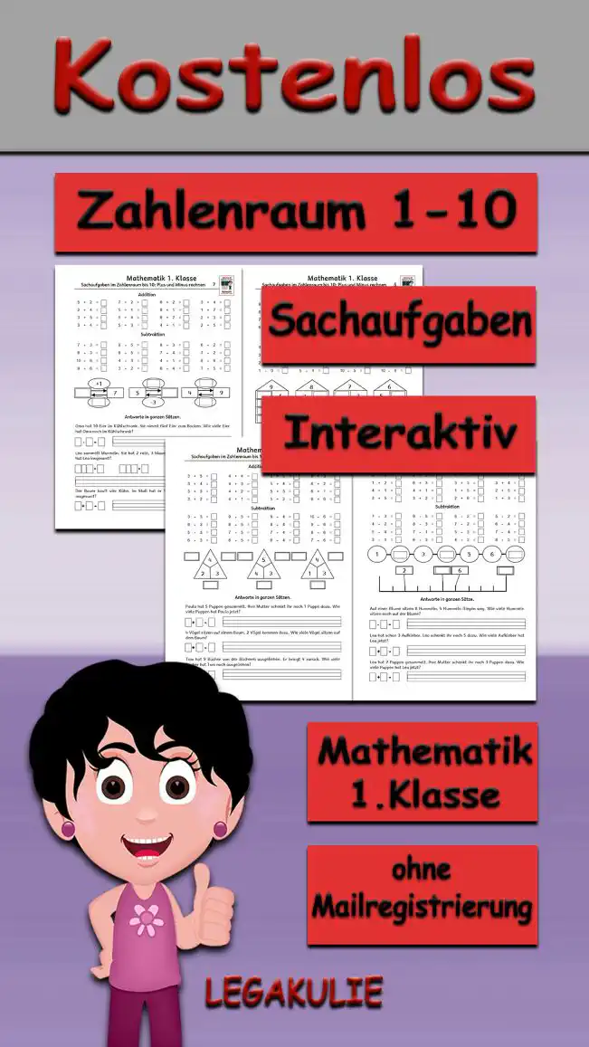 Sachaufgaben Zahlenraum 10 Klasse 1 - Kostenloses Unterrichtsmaterial von Legakulie.info.