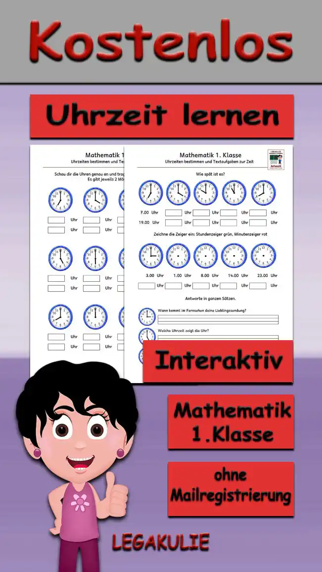 Uhrzeit lernen Klasse 1 - Kostenloses Unterrichtsmaterial von Legakulie.info.