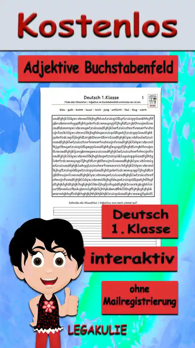 Arbeitsblatt Adjektive Buchstabenfeld Klasse 1 - Kostenloses Unterrichtsmaterial von Legakulie.info.