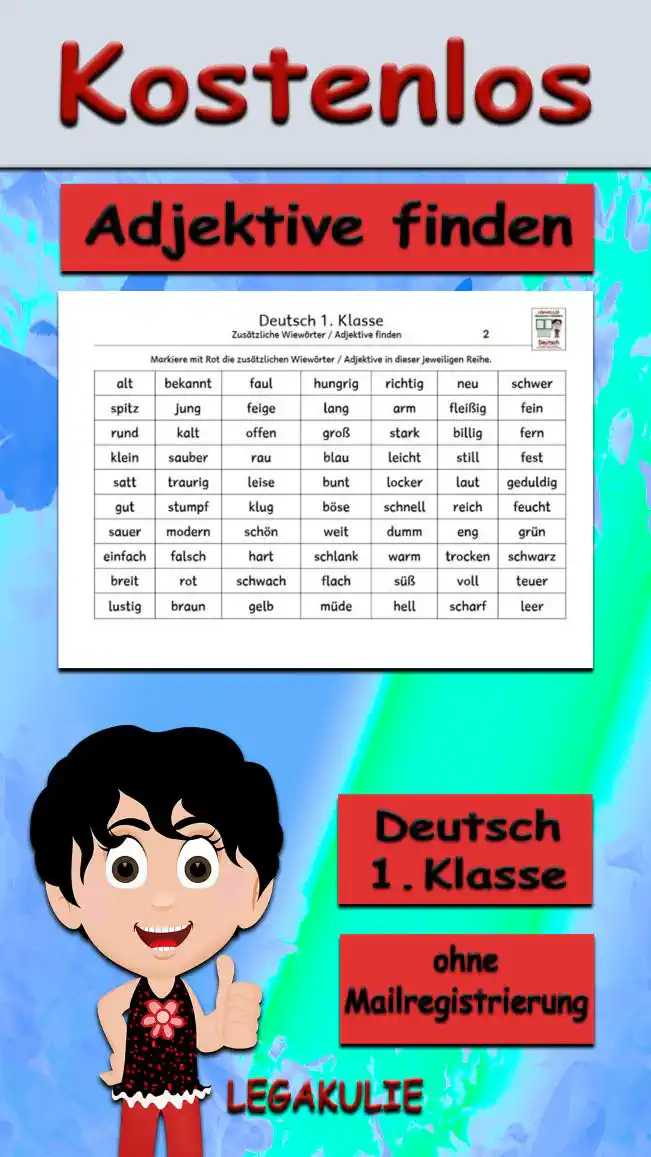 Arbeitsblatt Adjektive finden Klasse 1 - Kostenloses Unterrichtsmaterial von Legakulie.info.