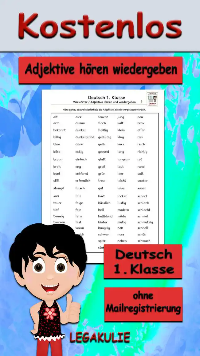 Arbeitsblatt Adjektive hören Klasse 1 – Hörtraining für das Gehör und die fehlerfreie Aussprache von Eigenschaftswörtern online auf Legakulie.info. - Kostenloses Unterrichtsmaterial von Legakulie.info.