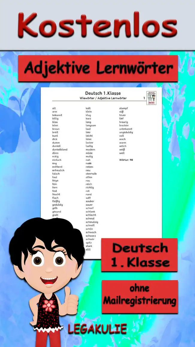 Arbeitsblatt Adjektive Lernwörterliste Klasse 1 - Kostenloses Unterrichtsmaterial von Legakulie.info.