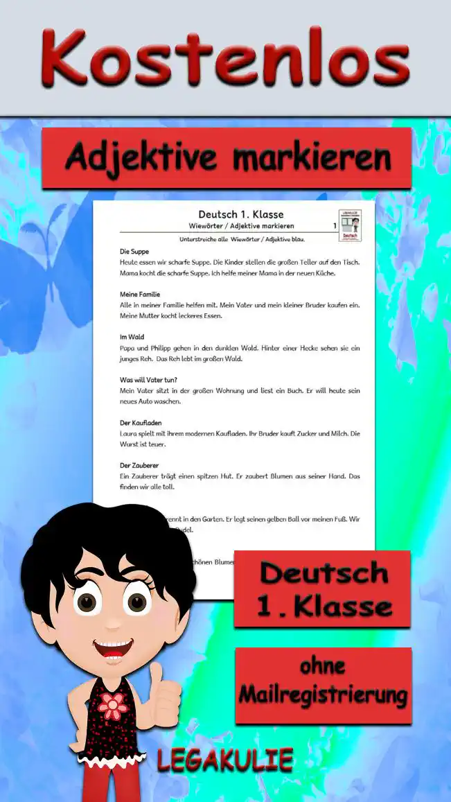 Arbeitsblatt Adjektive markieren Klasse 1 – Gratis PDF auf Legakulie.info herunterladen. Spannende Detektivgeschichten zum farbigen Kennzeichnen von Wiewörtern. - Kostenloses Unterrichtsmaterial von Legakulie.info.