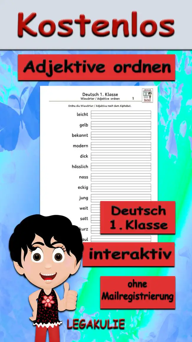Arbeitsblatt Adjektive ordnen Klasse 1- Kostenloses Unterrichtsmaterial von Legakulie.info.