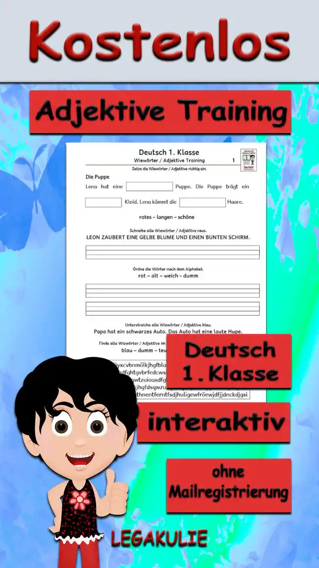 Arbeitsblatt Adjektive Training Klasse 1 - Kostenloses Unterrichtsmaterial von Legakulie.info.