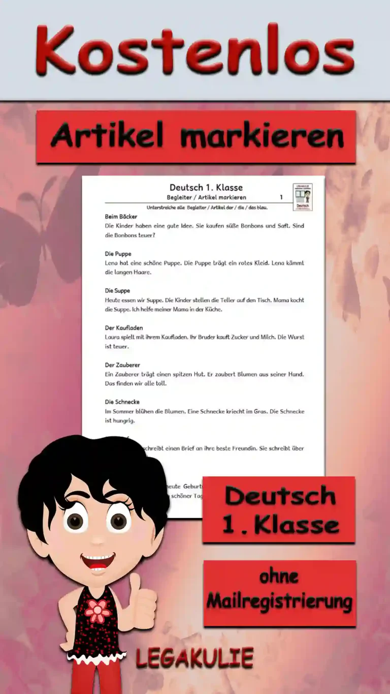 Arbeitsblatt Artikel markieren Klasse 1 - Kostenloses Unterrichtsmaterial von Legakulie.info.