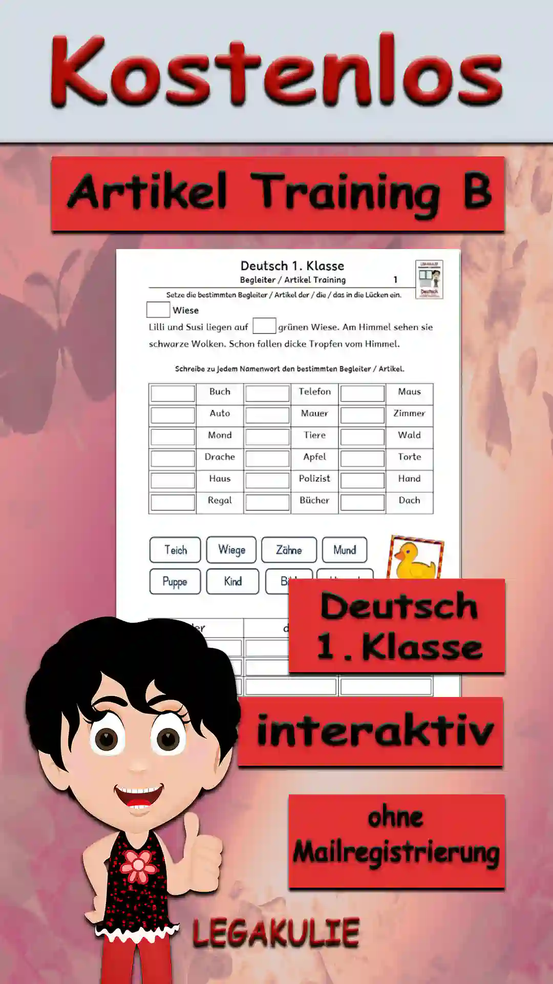 Arbeitsblatt Artikel Training B Klasse 1- Kostenloses Unterrichtsmaterial von Legakulie.info.