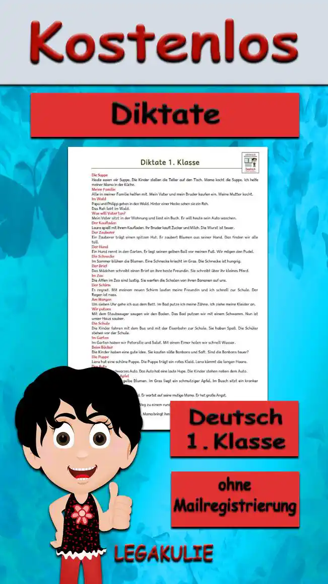 Arbeitsblatt Diktate Klasse 1 - Kostenloses Unterrichtsmaterial von Legakulie.info.
