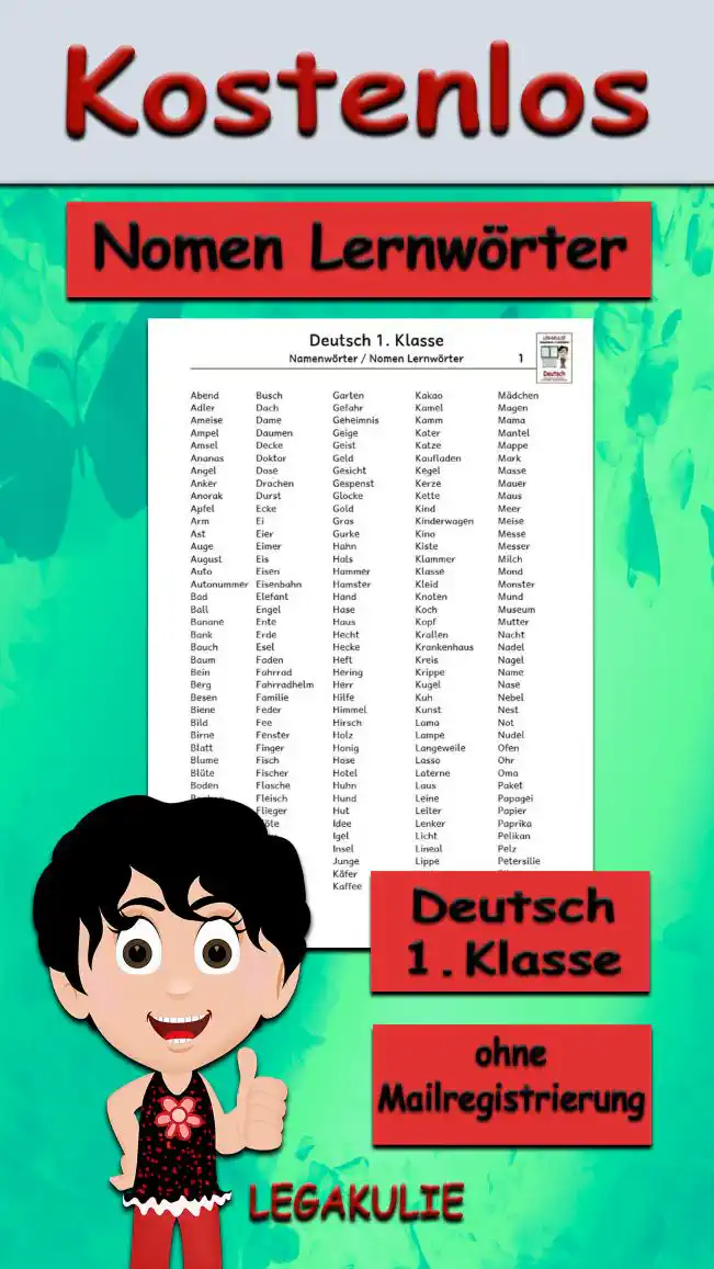 Arbeitsblatt Nomen Nomen Lernwörterliste Klasse 1 - Kostenloses Unterrichtsmaterial von Legakulie.info.