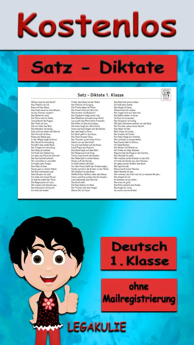 Arbeitsblatt Satzdiktate Klasse 1 - Kostenloses Unterrichtsmaterial von Legakulie.info.
