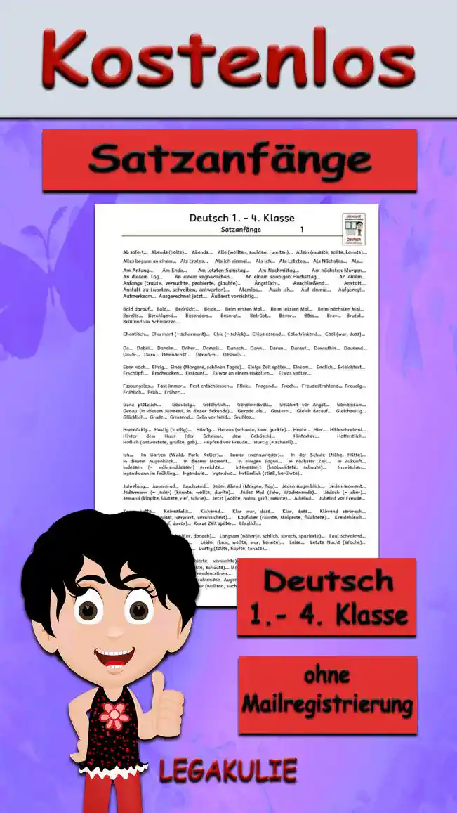 Arbeitsblatt Satzanfänge Klasse 1 – 4 – Kostenloses Unterrichtsmaterial von Legakulie.info.